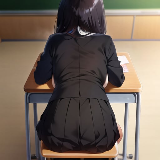 masterpiece, best quality, 1girl, school uniform, back, back focus, backboob, classroom, sitting on chair, full body, <lora:qqq-back-v1:0.8>