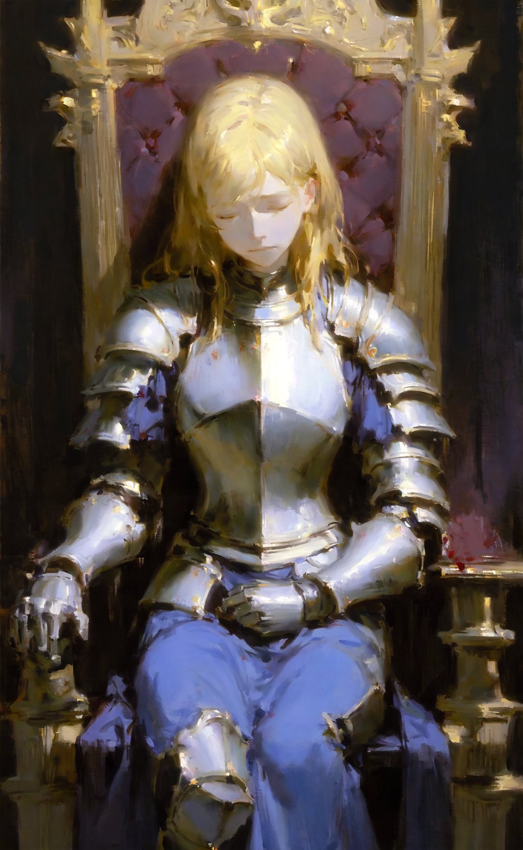 John Singer Sargent, Anders Zorn, masterpiece, best quality, mature, blonde female knight, sitting on a big throne, closed eyes, bloodied, armor, depressed, confident and sad
