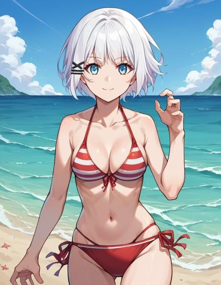 score_9, score_8_up, score_7_up, source_anime,siesta, <lora:siesta-ponyxl-lora-nochekaiser:1>,siesta, short hair, bangs, blue eyes, hair ornament, white hair, hairclip, smile,bikini, striped bikini, red bikini, navel, collarbone,outdoors, beach,looking at viewer, cowboy shot, dynamic pose,