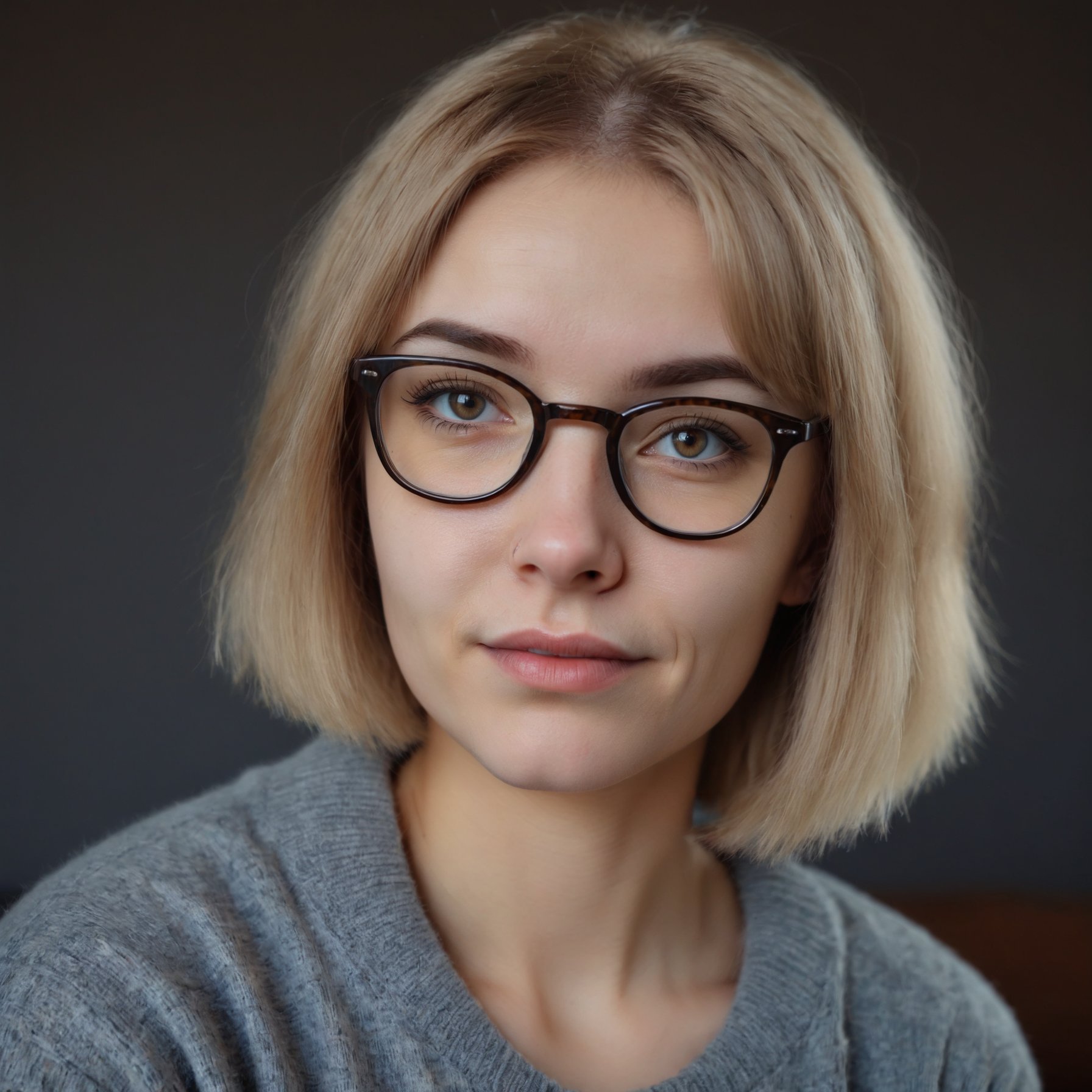 18 years old glasses woman, Rebulia, realistic portrait photo of short blonde hair <lora:rebulia:1> 