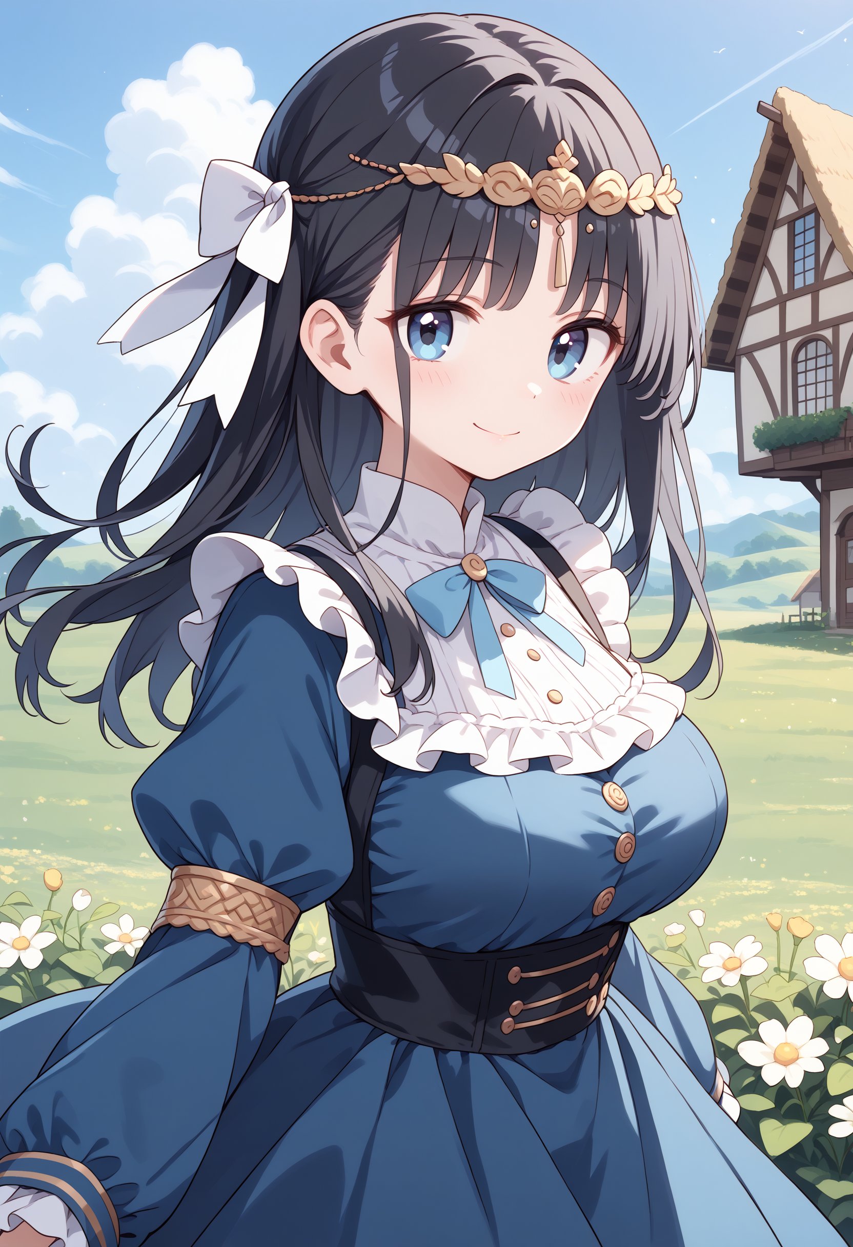 score_9, score_8_up, score_7_up, score_6_up, score_5_up, score_4_up, 1girl, long hair, black hair, outdoors, circlet, houses, meadow, smile, large breasts, upper body, white and blue dress, bow, frills, ribbons, (field of lillys)