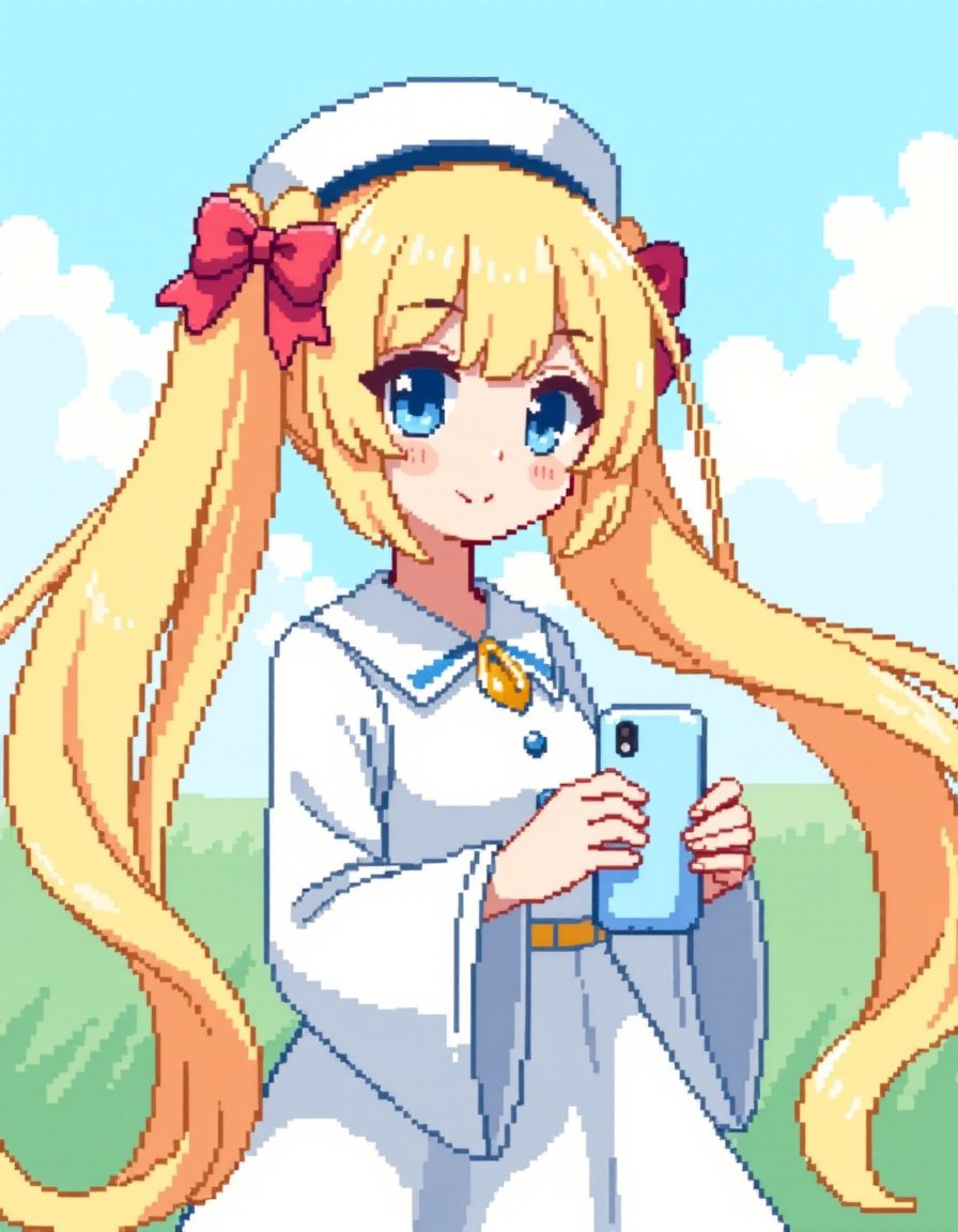 <lora:NeoPixelArt_V2:1>pixelart, 1girl, blonde hair, long hair, solo, blue eyes, holding, twintails, very long hair, dress, bangs, outdoors, looking at viewer, sky, closed mouth, long sleeves, hat, hair ornament, upper body, bow