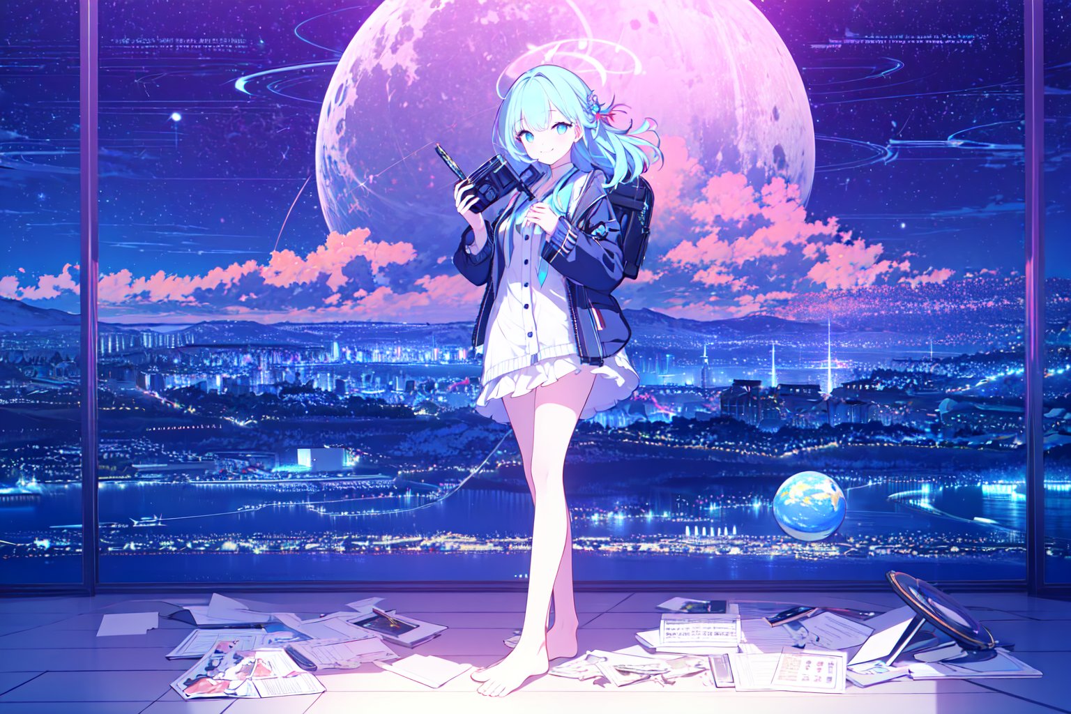 (((full body))), finely detail,  Depth of field, (((masterpiece))), ((extremely detailed CG unity 8k wallpaper)), best quality,  high resolution illustration, Amazing, intricate detail, (best illumination,  best shadow,  an extremely delicate and beautiful), star_\(sky\),  starry_sky,  space,  shooting_star,  1girl,  constellation,  planet,  night_sky,  pencil,  starry_sky_print,  blue_eyes,  night,  palette_\(object\),  earth_\(planet\),  feet,  phone,  sky,  solo,  moon,  barefoot,  eraser,  long_sleeves,  blue_hair,  book,  looking_at_viewer,  telescope,  pen,  shirt,  cellphone,  smile,  card,  paper,  star_\(symbol\),  handheld_game_console,  notebook,  galaxy,  crescent_moon,  clock,  cloud,  white_shirt,  milky_way,  cityscape,  globe,  light_particles