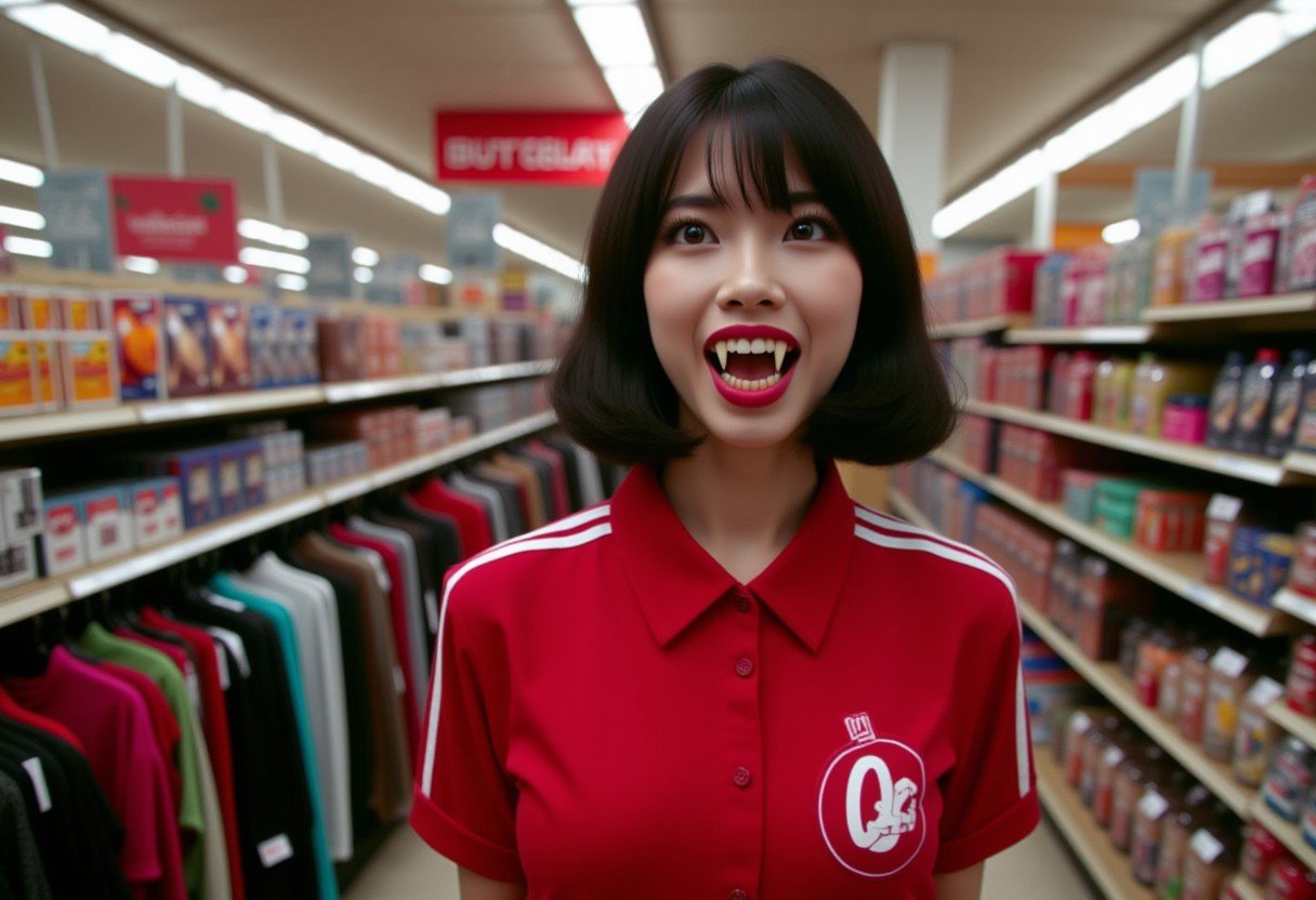 Vampyfangs1. a film still photo. 35mm. 4k. From a 2003 movie. a Japanese asian vampire woman and is showing off her fangs, shopping at a Goodwill thrift shop, wearing a red bowling shirt.