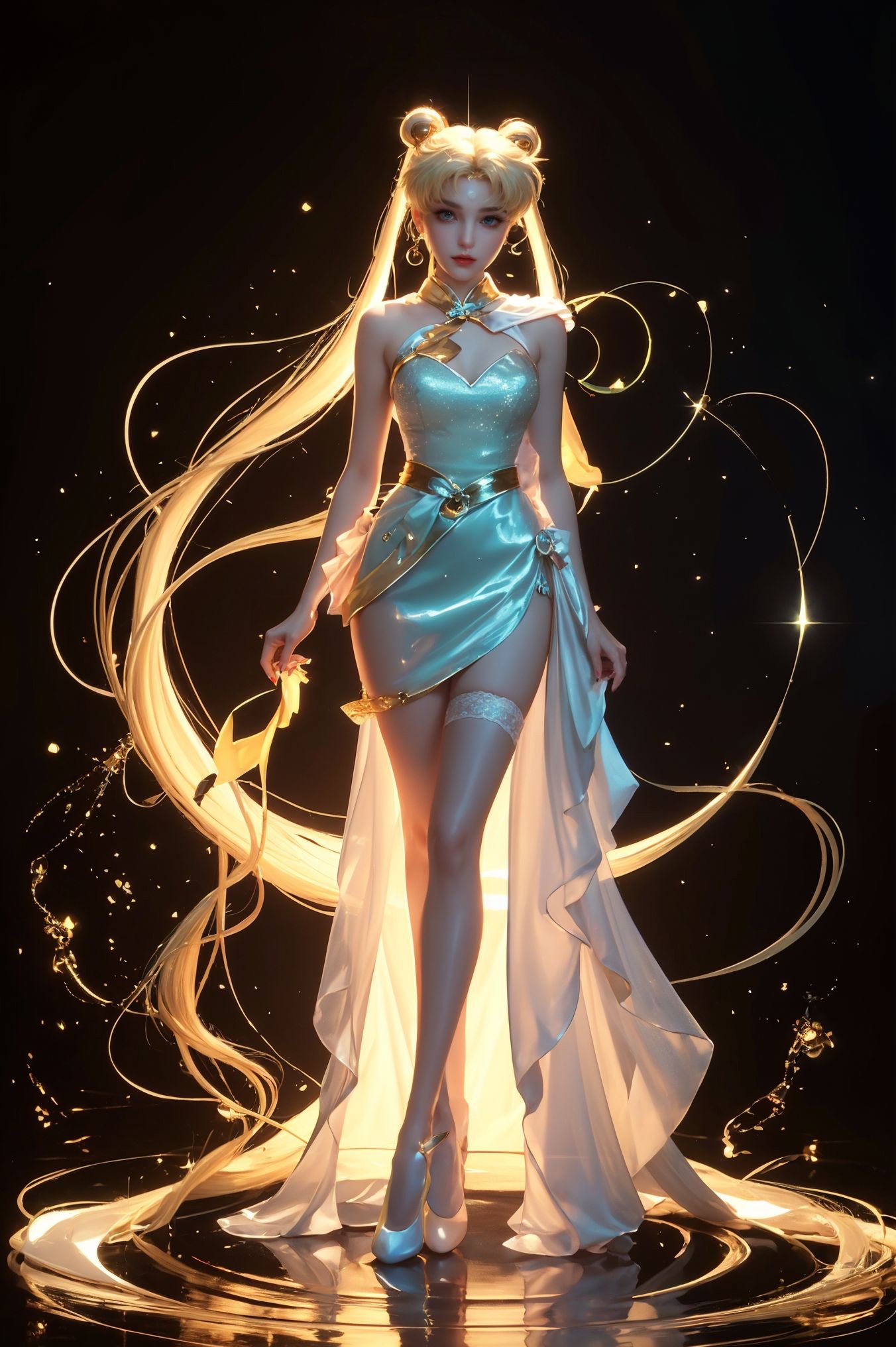 Black background,Fashion cheongsam,nail polish,lace trim,gradient,contrapposto,cyan long dress,lace,white thighhighs,white hair,crossed legs,xuer Sailor Moon,tsukino usagi,jewelry,earrings,very long hair,blonde hair,forehead mark,double bun,<lora:xuer Sailor Moon_20240329152018:0.7>,(full body:1.5),sleeveless,high gloss,extremely beautiful skin,natural skin texture,(pale skin, real_skin),(Milky skin:1.2),(shiny skin:1.5),A shot with tension,(sky glows,Visual impact,giving the poster a dynamic and visually striking appearance:1.2),impactful picture,