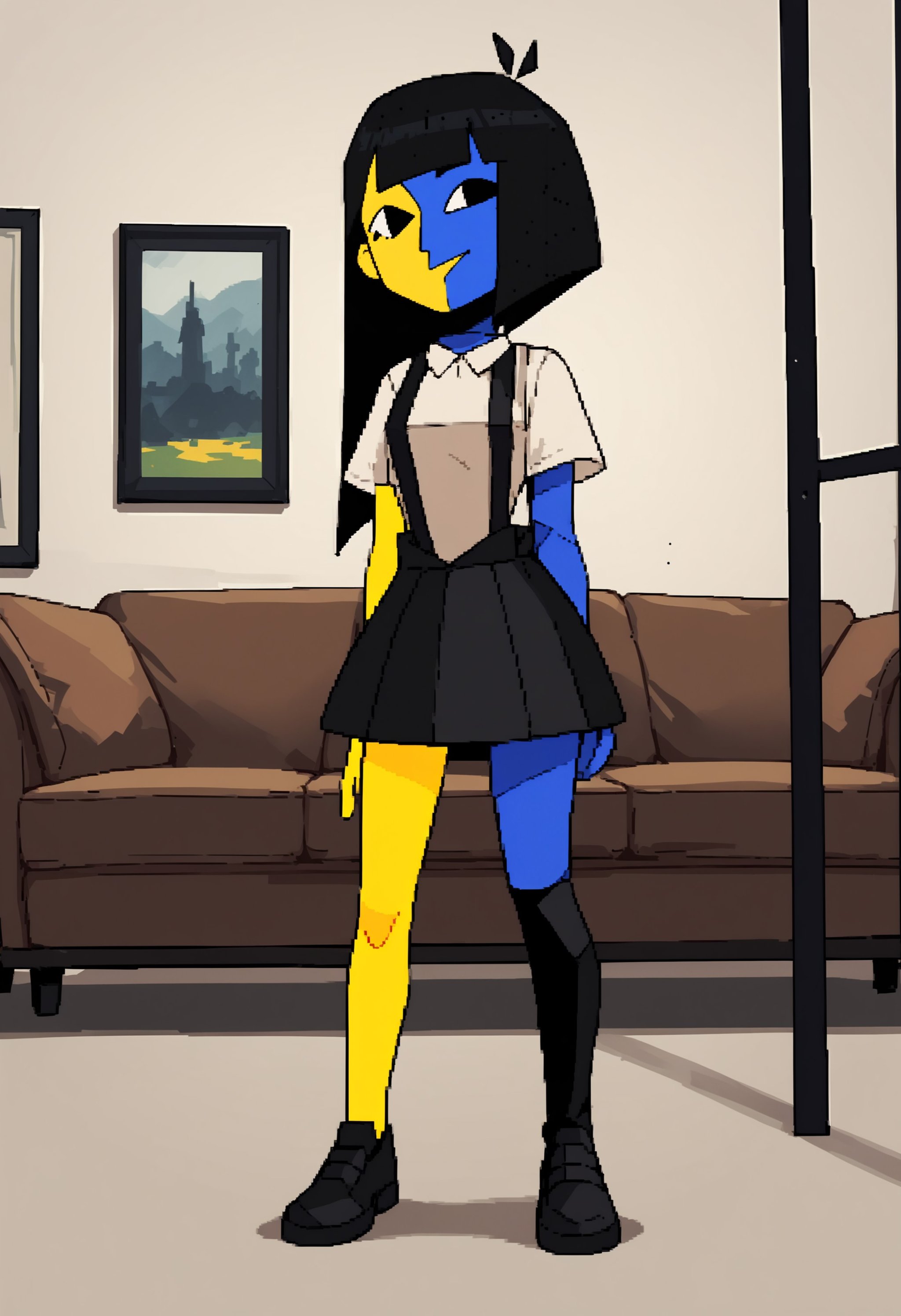 score_9, score_8_up, score_7_up, score_6_up, score_5_up, score_4_up, 1girl, <lora:Ena:0.9> solo, colored skin, yellow skin, blue skin, black eyes, suspenders, shirt, short sleeves, black skirt, black shoe, black boot, standing,living room background,