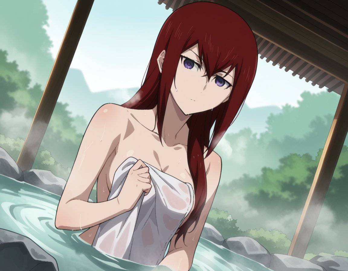 score_9, score_8_up, score_7_up, source_anime,kurisumakise, <lora:kurisu-makise-s1-ponyxl-lora-nochekaiser:1>,kurisu makise, hair between eyes, hair over shoulder, long hair, purple eyes, red hair, straight hair,nude, naked, outdoors, onsen, towel, naked towel, steam, bathing, nude cover, partially submerged, water, bath, steam censor, wet towel,looking at viewer, cowboy shot, solo, dutch angle,