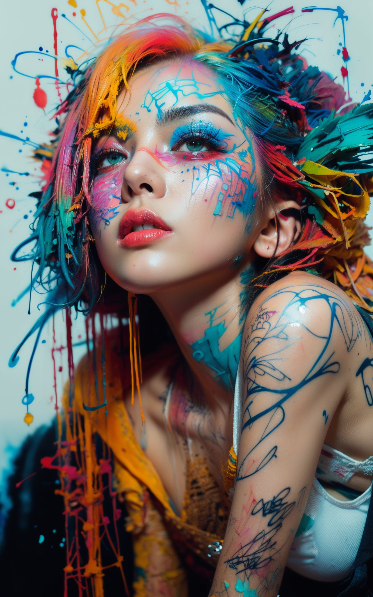 (graffiti style woman:1.3),(watercolor painting),(on brick building),kneeling,(Carne Griffiths),(Alberto Seveso),(tertiary color:1.2),vibrant color,deep shadow,((Abstract, Artistic, absurdres, (8k resolution), high details, detailed and intricate, intricate details)),upper body close-up,,