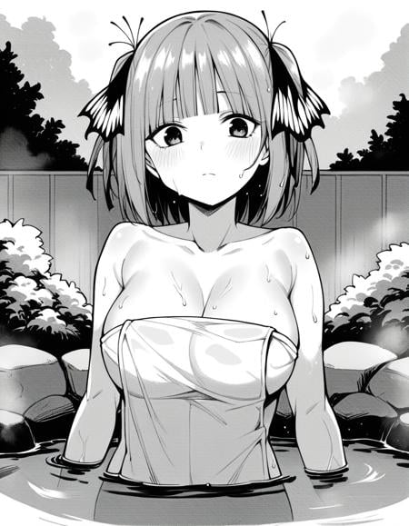 score_9, score_8_up, score_7_up, source_anime, <lora:nnakano-chickeiii-manga-ponyxl-lora-nochekaiser:1>, short hair, bangs, hair ornament, hair ribbon, blunt bangs, two side up, butterfly hair ornament, greyscale, monochrome, large breasts,, nude, naked, outdoors, onsen, towel, naked towel, steam, bathing, nude cover, partially submerged, water, bath, steam censor, wet towel, blush, looking at viewer, solo,, cowboy shot, dutch angle