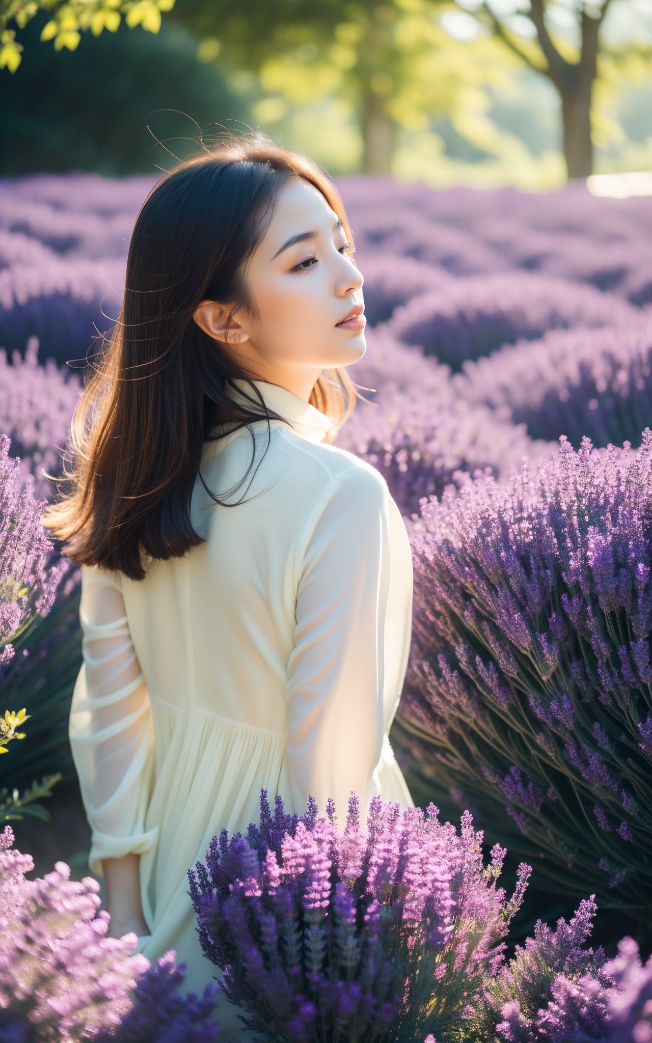 The sunlight filters through the leaves,casting a warm glow over everything. The scent of the lavender permeates the air,creating a peaceful and serene atmosphere. The girl is surrounded by a sea of purple,as the flowers sway gently in the wind,almost as if they are dancing with her. Bees buzz in the distance,adding to the tranquility of the scene.,