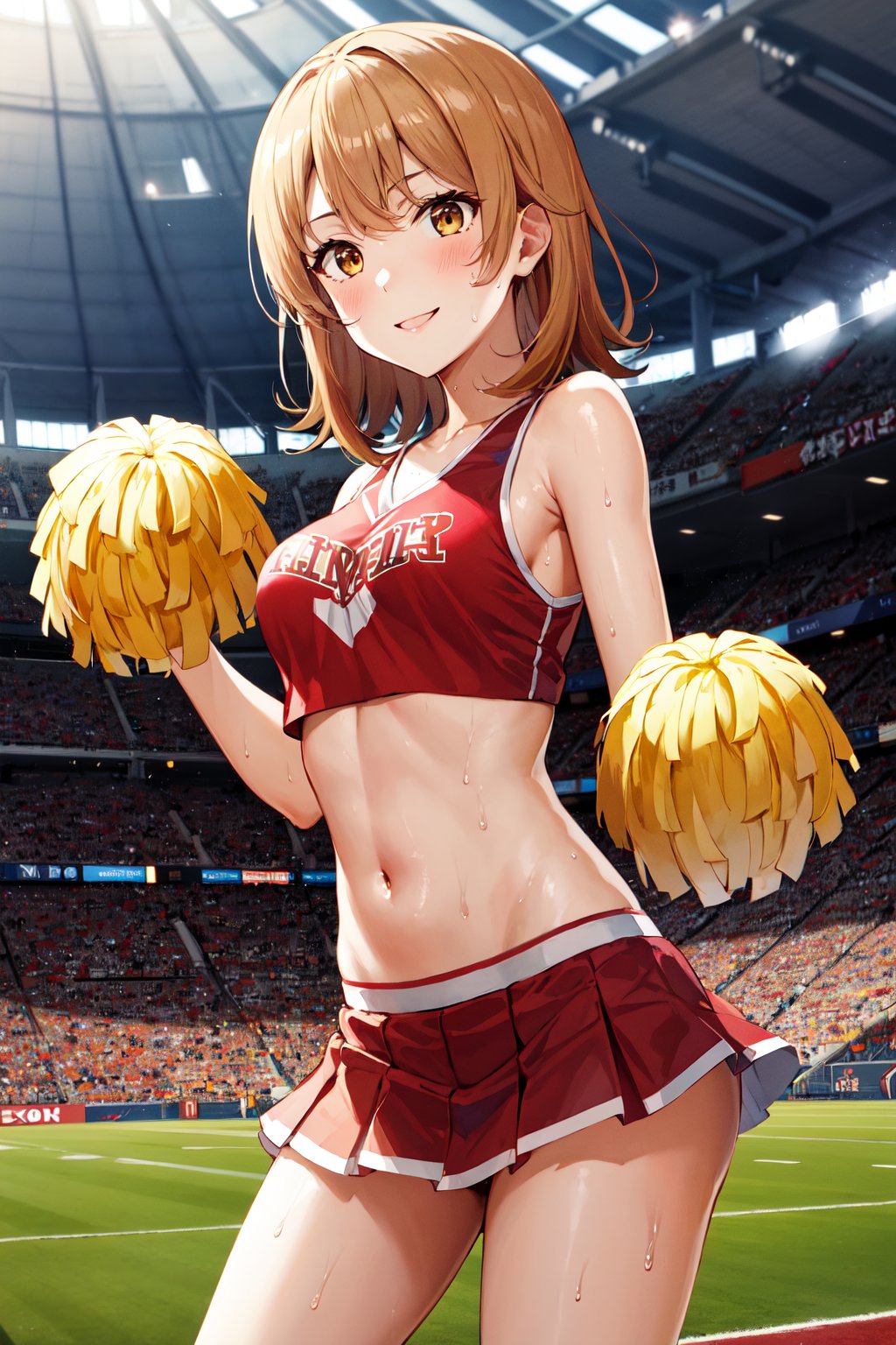 masterpiece, best quality, highres, aairoha, medium hair, <lora:isshiki_iroha_v1:0.7>, cheerleader, pom pom \(clothes\), midriff, miniskirt, stadium, standing, sweat, smile