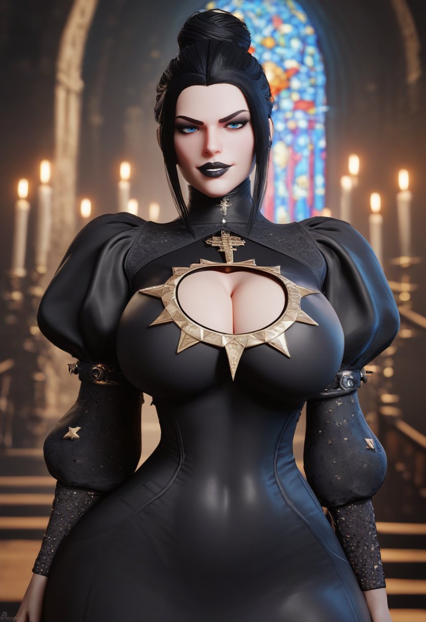 score_9, score_8_up, score_7_up, blender_(medium)1girl, solo, <lora:TEYSA:0.9> black hair, lipstick, black lips, gold jewellery, blue eyes, goth, hair bun, cleavage cutout, breast cutout, curvy, thick thighs, lips, detailed face, wide hips, plump, black leather dress, puffy sleeves, stripe sleeves,smug, stern, smirk, fierce, portrait, face focus, <lora:Smooth Anime 2 Style SDXL_LoRA_Pony Diffusion V6 XL:1>depth of field, blurry background, blurry foreground, church, cathedral, candles,  