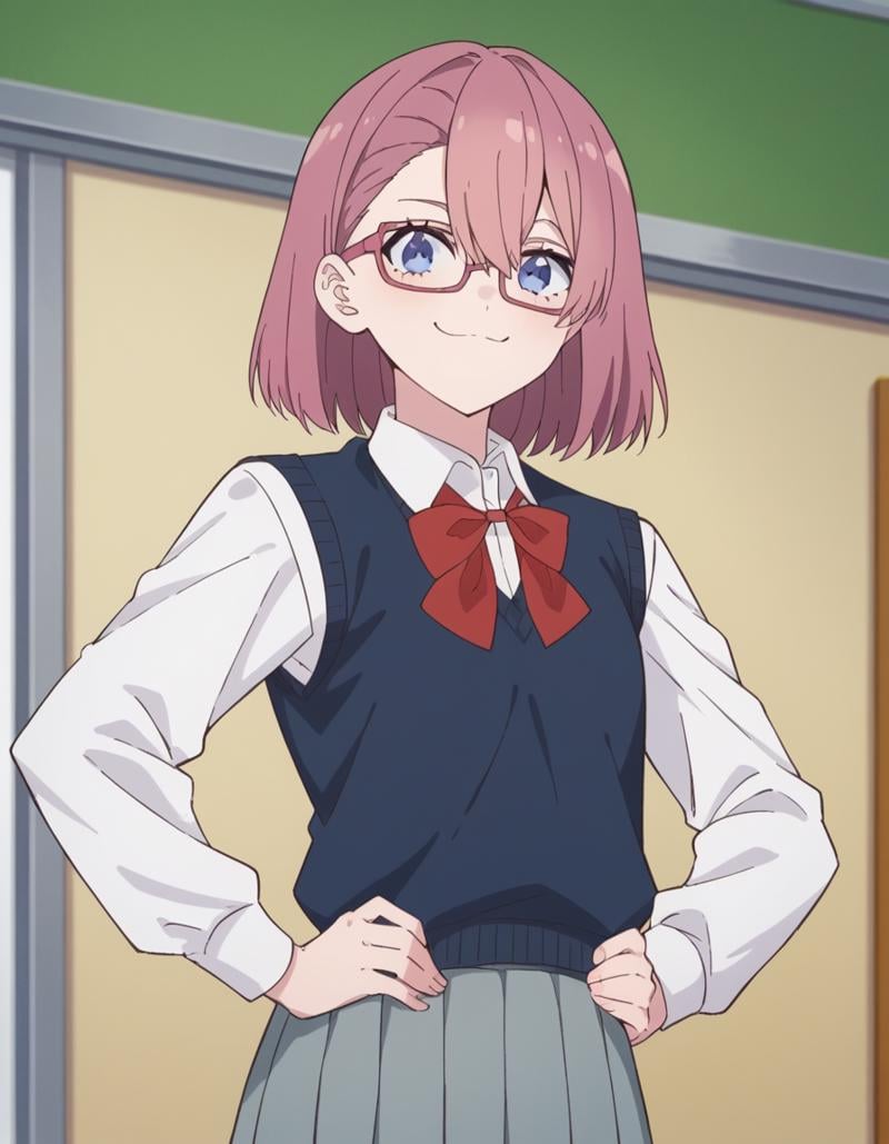 score_9, score_8_up, score_7_up, source_anime, <lora:ririsa-amano-s1-ponyxl-lora-nochekaiser:1>, ririsa amano, short hair, glasses, blue eyes, pink hair, bangs,, skirt, bow, school uniform, jacket, pleated skirt, grey skirt, sweater vest, collared shirt,, indoors, smug, smile, looking at viewer, solo, hands on hips,, cowboy shot, dutch angle