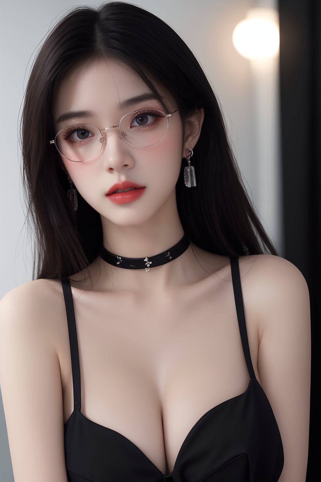 1girl, black choker, black hair, blurry, blurry background, blurry foreground, breasts, choker, cleavage, collarbone, depth of field, earrings, glasses, jewelry, large breasts, lips, long hair, looking at viewer, red lips, solo focus <lora:御姐:1>