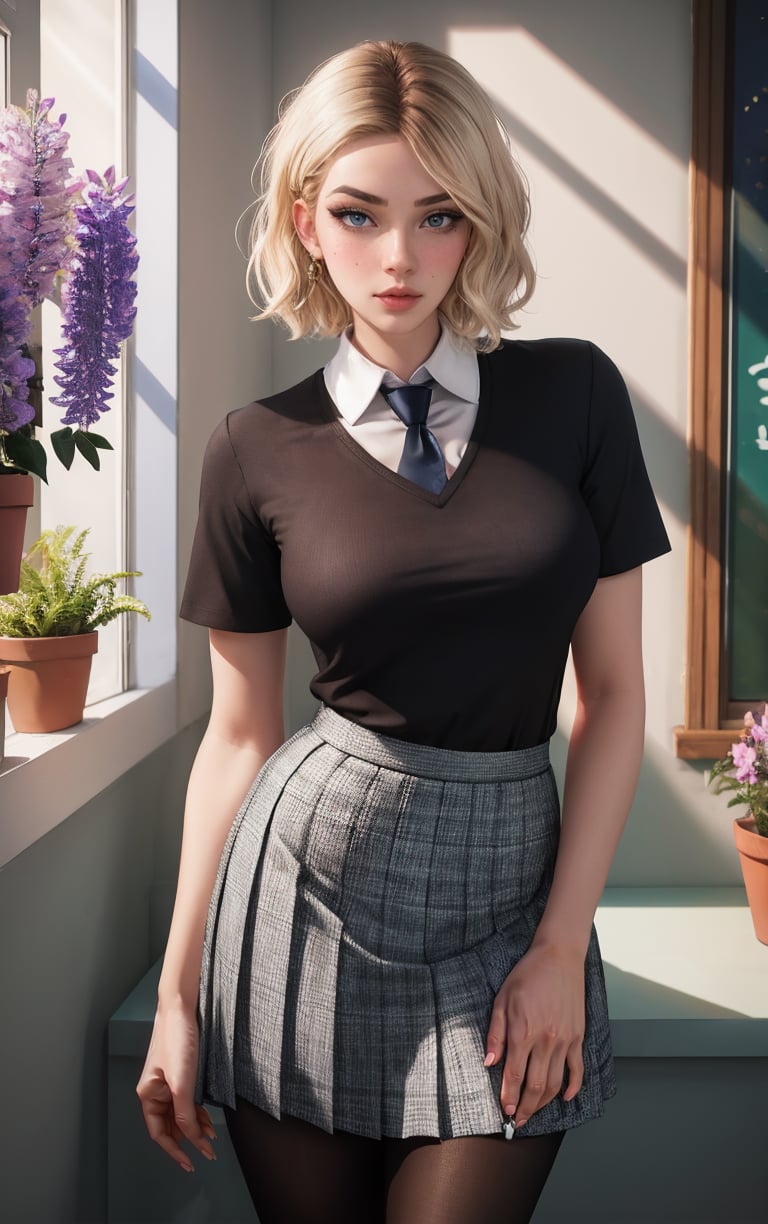 Dress_SpiderVerse_GwenStacy_ownwaifu,1girl, blonde hair, eyebrow piercing, medium hair, short hair, blue eyes, lips, nose, bangs, freckles, blush, piercing, breasts, medium breasts, jewelry, makeup,collared shirt, white shirt, black shirt, shirt, short sleeves, necktie, pleated skirt, skirt, black pantyhose, school uniform,<lora:CARTOON_SpiderVerse_GwenStacy_ownwaifu:0.7>,((masterpiece)),((best quality)),(highres, absurdres), original, official_art, chromatic_aberration, bokeh, depth_of_field, window, wisteria, loaded_interior, skylight, sunset, indoors, window_shade, potted_plant, focused, looking at viewer, solo, cowboy shot, 