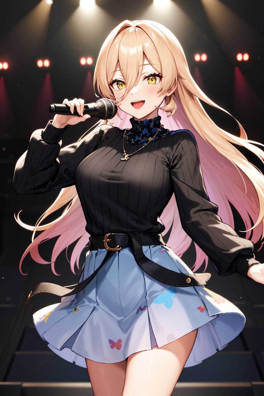 masterpiece, best quality, highres, bbnui, long hair, blonde hair, hair between eyes, yellow eyes, necklace, (black sweater:1.2), long sleeves, black belt, blue skirt, print skirt, <lora:nui_sociere_v1:0.7>, holding microphone, stage, smile, open mouth, 