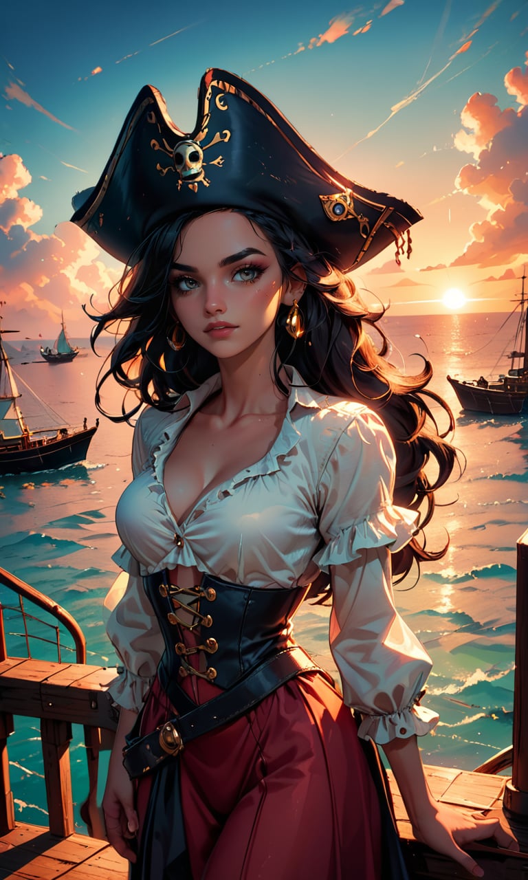 score_9, score_8_up, score_7_up, spanish (pirate woman), 3/4 bodyshot, black hat, parrot, epic Sunrise, boat port, (soft lighting), Extreme detail, (vibrant color), (intricate details), (dynamic angle)