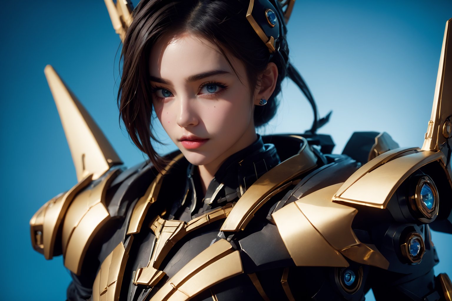 <lora:AgainRealistic_v2.0:1>,AgainRealistic_v2.0, 1girl, solo, blue eyes, looking at viewer, lips, brown hair, upper body, mole, mole under eye, nose, parted lips, earrings, armor, realistic, makeup, science fiction, jewelry, power armor, bodysuit, headgear, red lips, short hair, cyborg, black hair, breasts, lipstick, cyberpunk, blue background, eyelashes, long hair