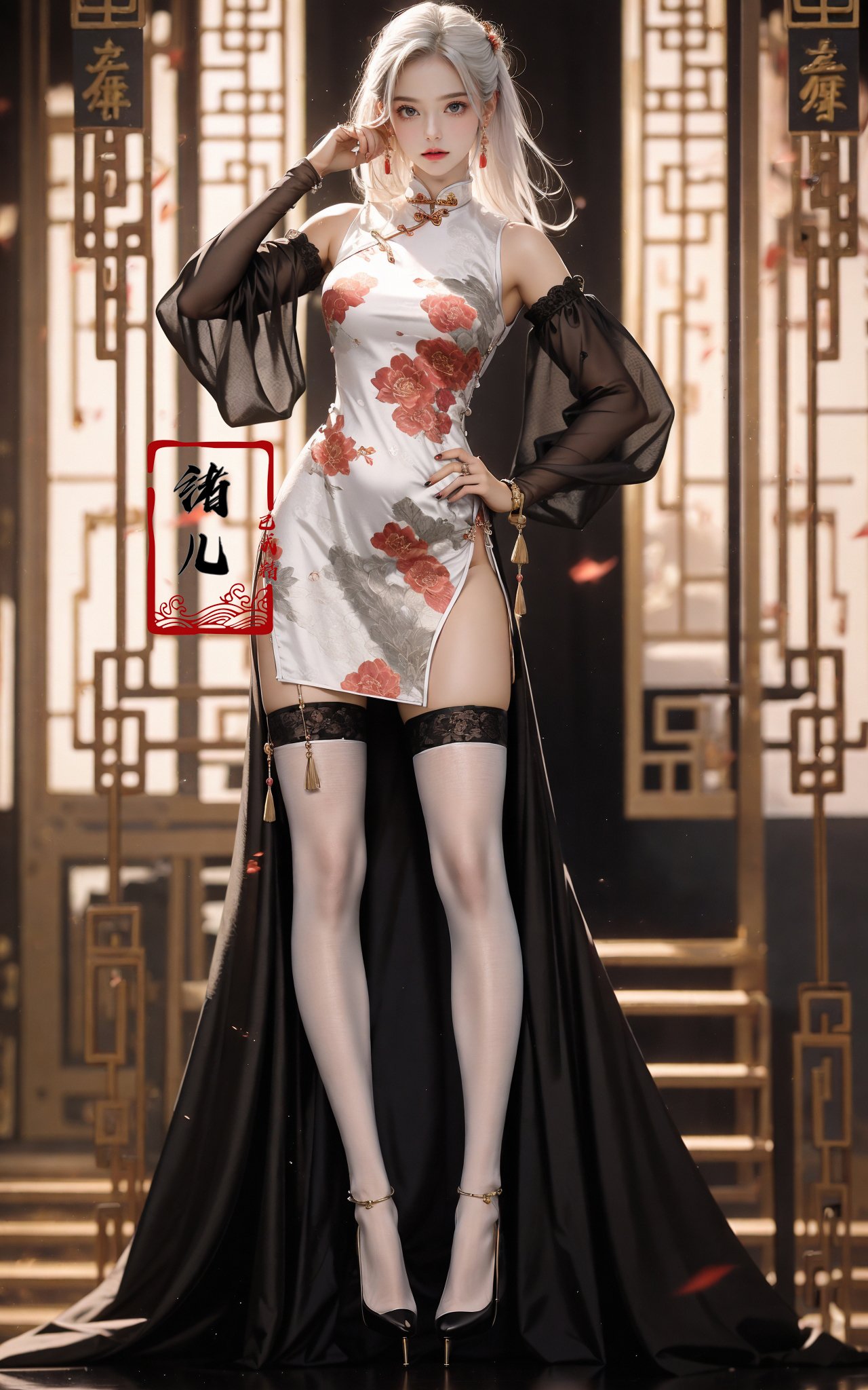 Black background,Fashion cheongsam，nail polish，lace trim，gradient，contrapposto，Red long dress，lace，red lips， (full body:0.8), white thighhighs,white hair，<lora:Fashion cheongsam_20231207093219:0.7>