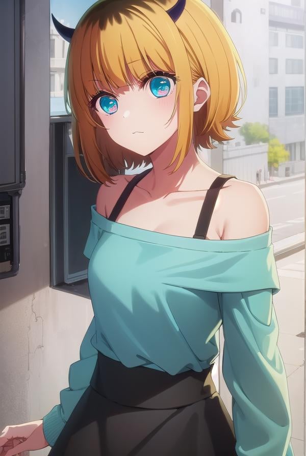 memcho, <lora:memcho s1-lora-nochekaiser:1>,memcho, short hair, blonde hair, multicolored hair, horns, bangs, brown hair, black hair, blunt bangs, two-tone hair, (aqua eyes:1.3), :3,BREAK shirt, long sleeves, black skirt, off shoulder, sleeves past wrists, (light blue shirt:1.2),BREAK indoors, gym, mirrors,BREAK looking at viewer, (cowboy shot:1.5),BREAK <lyco:GoodHands-beta2:1>, (masterpiece:1.2), best quality, high resolution, unity 8k wallpaper, (illustration:0.8), (beautiful detailed eyes:1.6), extremely detailed face, perfect lighting, extremely detailed CG, (perfect hands, perfect anatomy),