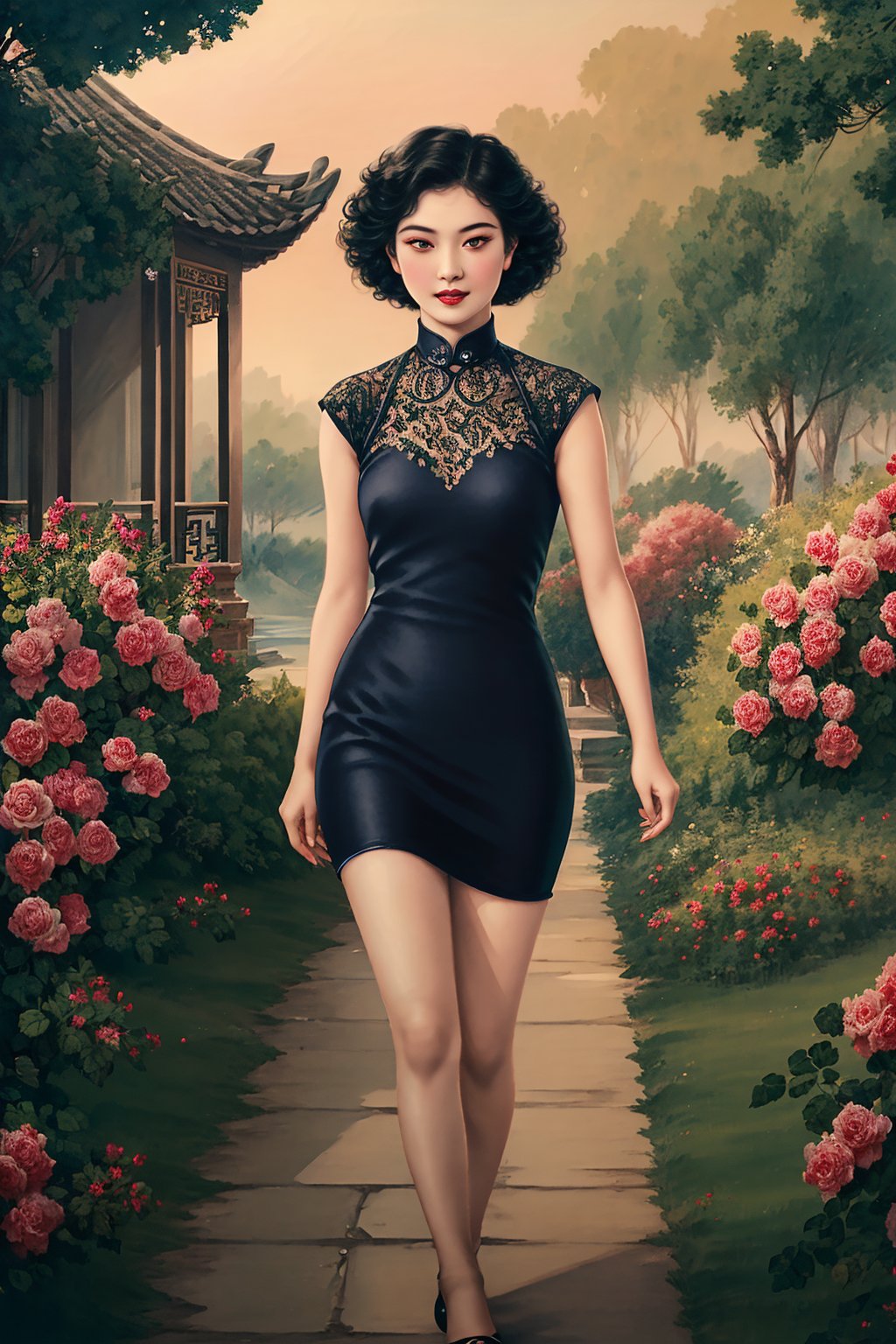 dingxiongquan,minguoguanggao, 1girl (eyes (dark black, crystal clear, long and delicate eyelashes), nose (raised, slightly upturned nose tip), lips (rose, defined lip line), hairstyle (black hair, smooth and shiny), skin (fair, flawless, delicate  porcelain), posture (walking confidently and elegantly, light and elegant gait), (looking at the viewer, flowing hair, curly hair, short hair, outdoor, upper body): 1.53)Background ((Rose Field): 1.5, Sky),Masterpiece, Best Quality, Unreal Engine 5 Rendering, Cinematic Lighting, Cinematic Lenses, Cinematic Effects, Detail, HDR, UHD, 8K, CG Wallpapers