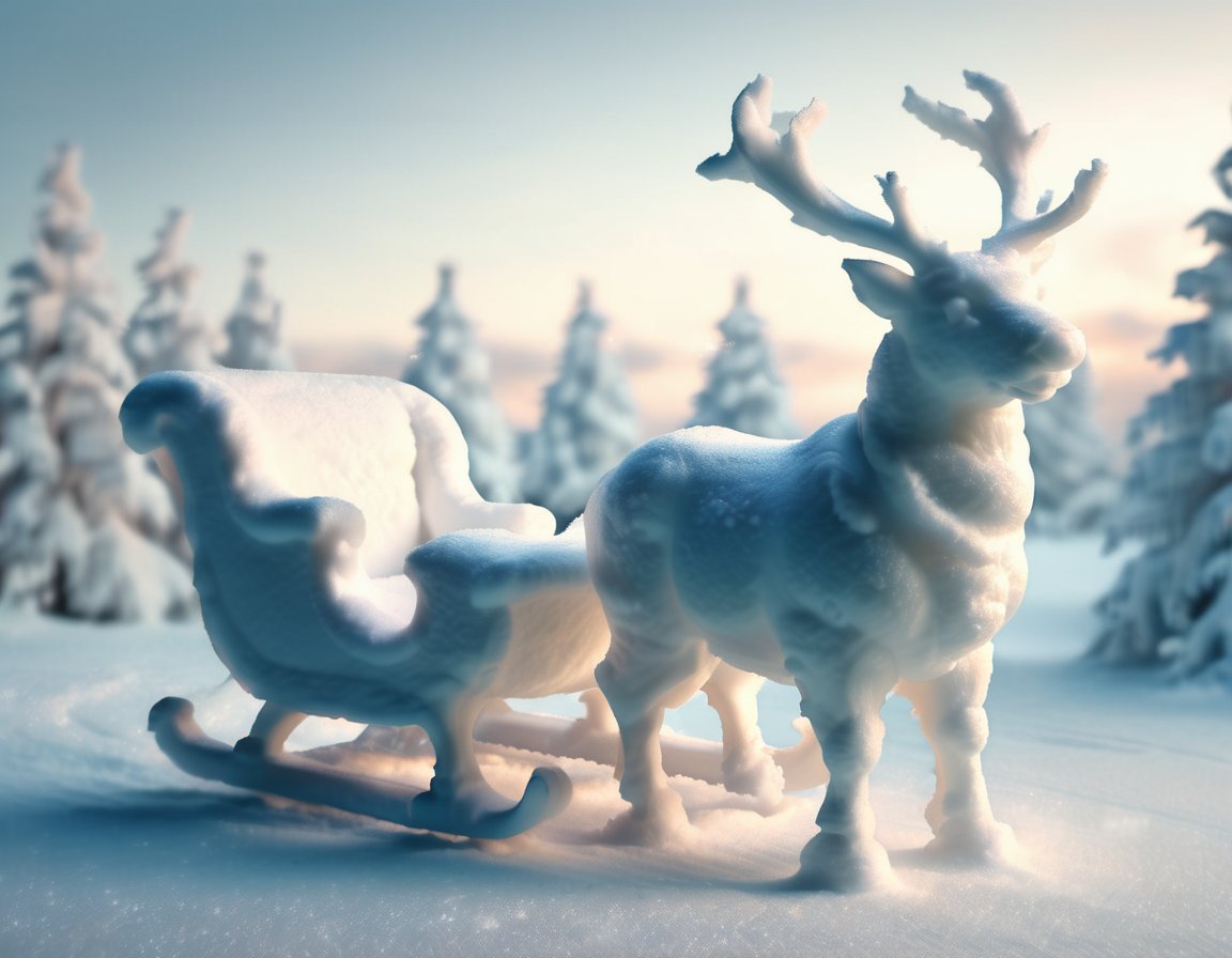 <lora:Aether_Snow_v1_SDXL_LoRA:1.0> full-body photo of santa sleigh and reindeer made of snow, north pole, cinematic