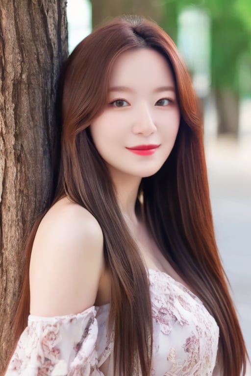 (masterpiece),(best quality),(realistic:1.3),((intricate details)),(cowboy_shot),1girl,solo,photo background,brown hair,long hair,straight_hair,looking at viewer,dress,smile,outdoors,realistic,brown eyes,off shoulder,bare shoulders,black hair,tree,breasts,<lora:liblibu_suhua010:1>,