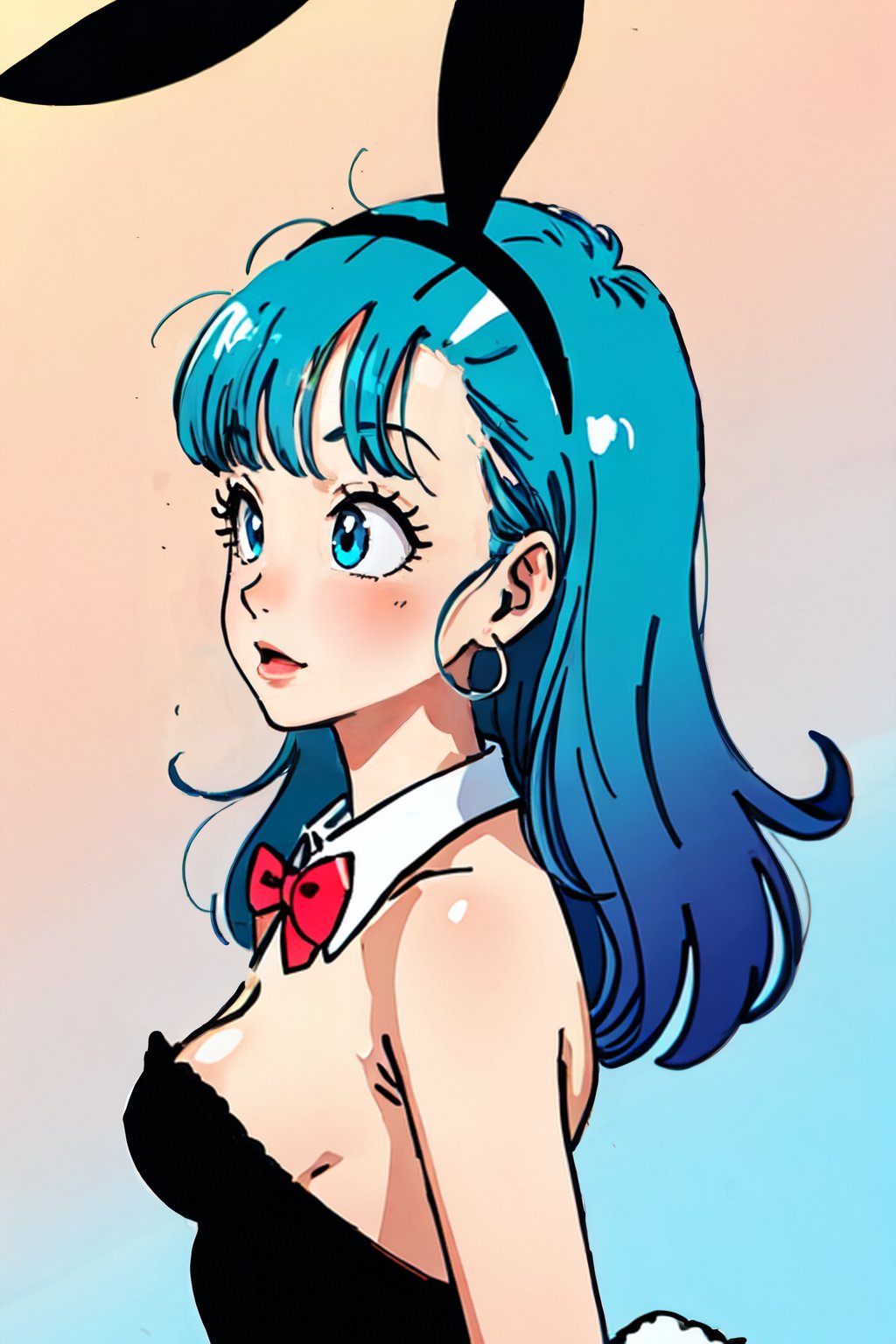 <lora:retrobulma:0.9> cowboy shot,  retrobulma 1girl,solo,long hair,breasts,bangs,blue eyes,bow,animal ears,cleavage,bare shoulders,jewelry,medium breasts,blue hair,tail,upper body,pantyhose,earrings,parted lips,blunt bangs,bowtie,rabbit ears,red bow,leotard,lips,gradient,hand on hip,looking to the side,wrist cuffs,gradient background,eyelashes,strapless,makeup,detached collar,fake animal ears,playboy bunny,lipstick,rabbit tail,red bowtie,black leotard,straight hair,strapless leotard,bulma