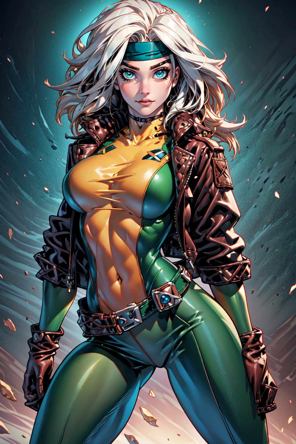 Savage, Classic, Southern Belle, Superhero, Rogue, Xtreme, breasts, blue eyes, medium breasts, jacket, open clothes, belt, open jacket, covered navel, headband, cropped legs, leather, leather jacket, green bodysuit, EarthPorcelain, <lora:RogueRetrain:1>