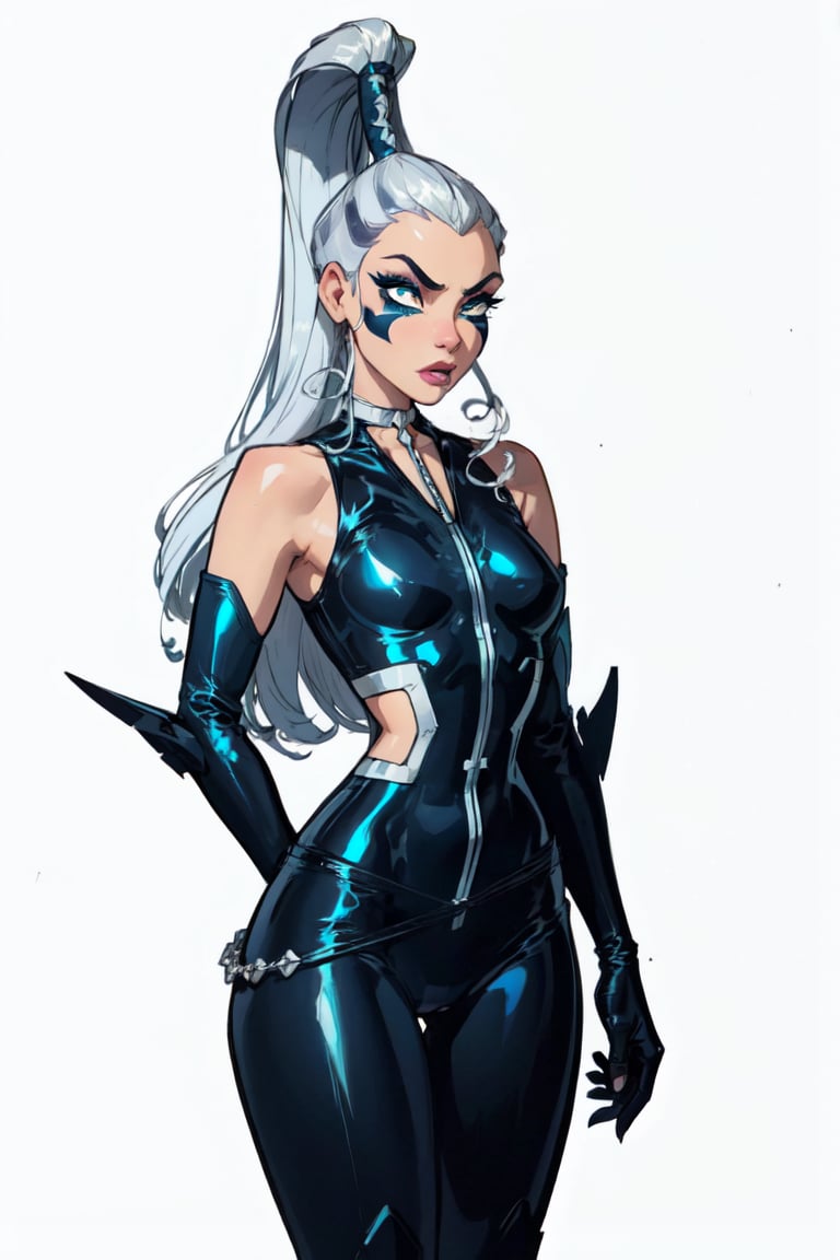 (Icy), blue eyes, white hair, very long ponytail, eyeshadow, (WitchOutfit), sleeveless, blue bodysuit, knee boots, gloves, (white background, solid white background:1.5), (realistic:1.2), (masterpiece:1.2), (full-body-shot:1),(Cowboy-shot:1.2), neon lighting, dark romantic lighting, (highly detailed:1.2),(detailed face:1.2), (gradients), colorful, detailed eyes, (detailed landscape:1.2), (natural lighting:1.2), close shot, solo, <lora:WinxClubIcy-10:0.9> <lora:add_detail:0.3> <lora:BeautifulEyes:0.6>