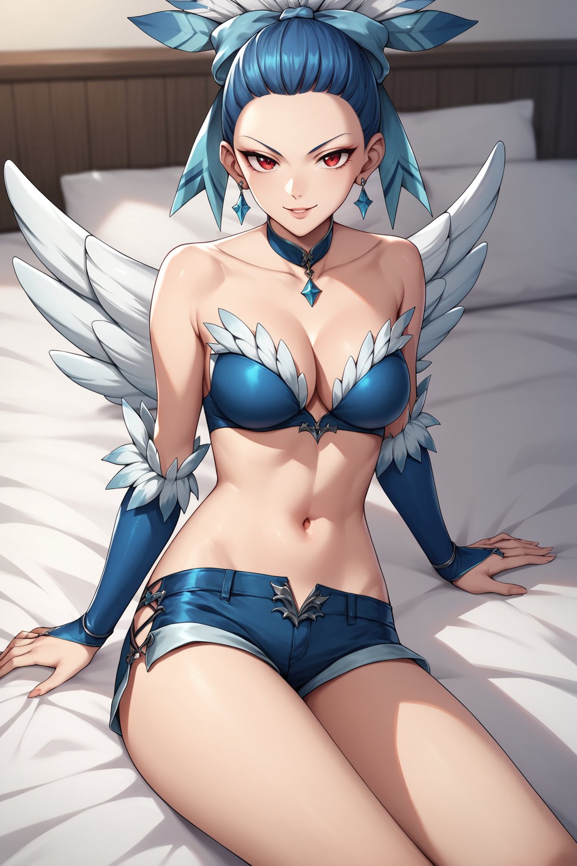 score_9, score_8_up, score_7_up, score_6_up, score_5_up, score_4_up, CluchHHXL, red eyes, blue hair, forehead, hair bow, blue bow, feathers, earrings, blue chocker, medium breasts, white wings, two wings, cleavage, blue bikini top, bare shoulders, navel, blue bridal guantlets, blue shorts, short shorts, solo, (lying on bed), seductive smile, looking at viewer, indoors <lora:CluchHHXL:0.9>