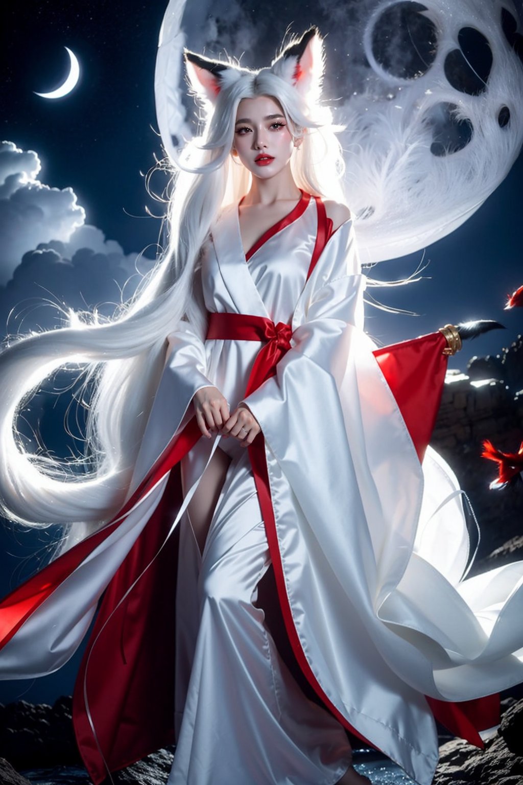 Ultra quality,8k,masterpiece,best quality,1girl,solo,long hair,looking at viewer,long sleeves,animal ears,cloud,night,moon, smoke,tail,full body,white hair,wide sleeves,fox ears,wind,robe,red lips,white theme, <lora:JAY - WHITE FOX:0.7>