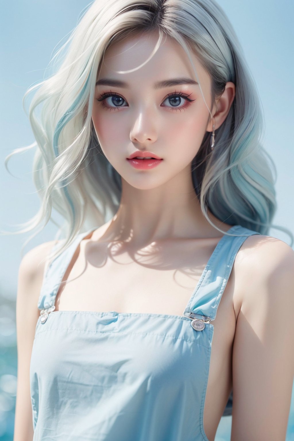 (fashion photography:1.3),(sweet:1.2),This is an image of a person with a very stylized and artistic appearance. The individual has long,(wavy hair with a mix of Bluish and white colors:1.1),which gives off a soft and whimsical vibe. They are wearing what appears to be a light-colored,possibly Bluish,top with a ruffled neckline. The overall aesthetic is very cute and playful,with a focus on pastel colors,quality. The background is simple and does not distract from the subject,which is the person's face and upper body,Short hair,masterworks,highest picture quality,