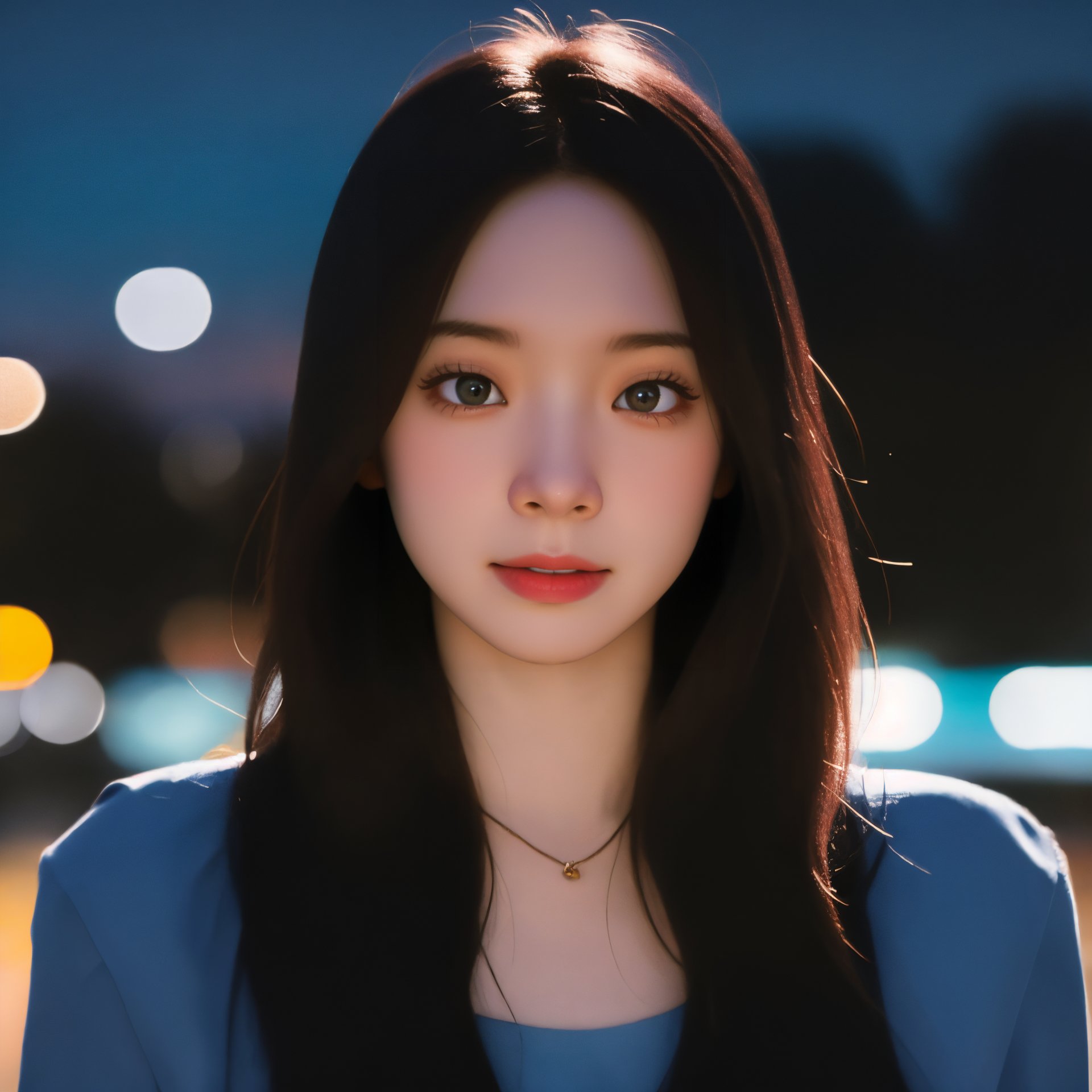 centered, photorealistic, analog photography, photography, face portrait, standing, (detailed face), (beautiful detailed eyes), | solo, woman, blue top, | city, urban scenery, night time, | bokeh, depht of field, saturated colors, bright, | hyperealistic shadows, smooth detailed, blurred background |,so-hyun.lvl2<lora:EMS-3873-EMS:0.800000>