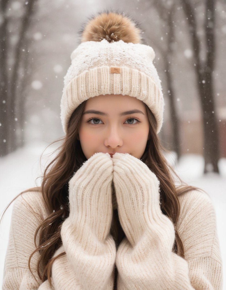 masterpiece, best quality, raw photo, realistic, 1girl, (helf-length portrait:1.5), long hair, sweater, sweater hat, supporting head on hands, snowing background, (sepia photography), (professional photo, balanced photo, balanced exposure)