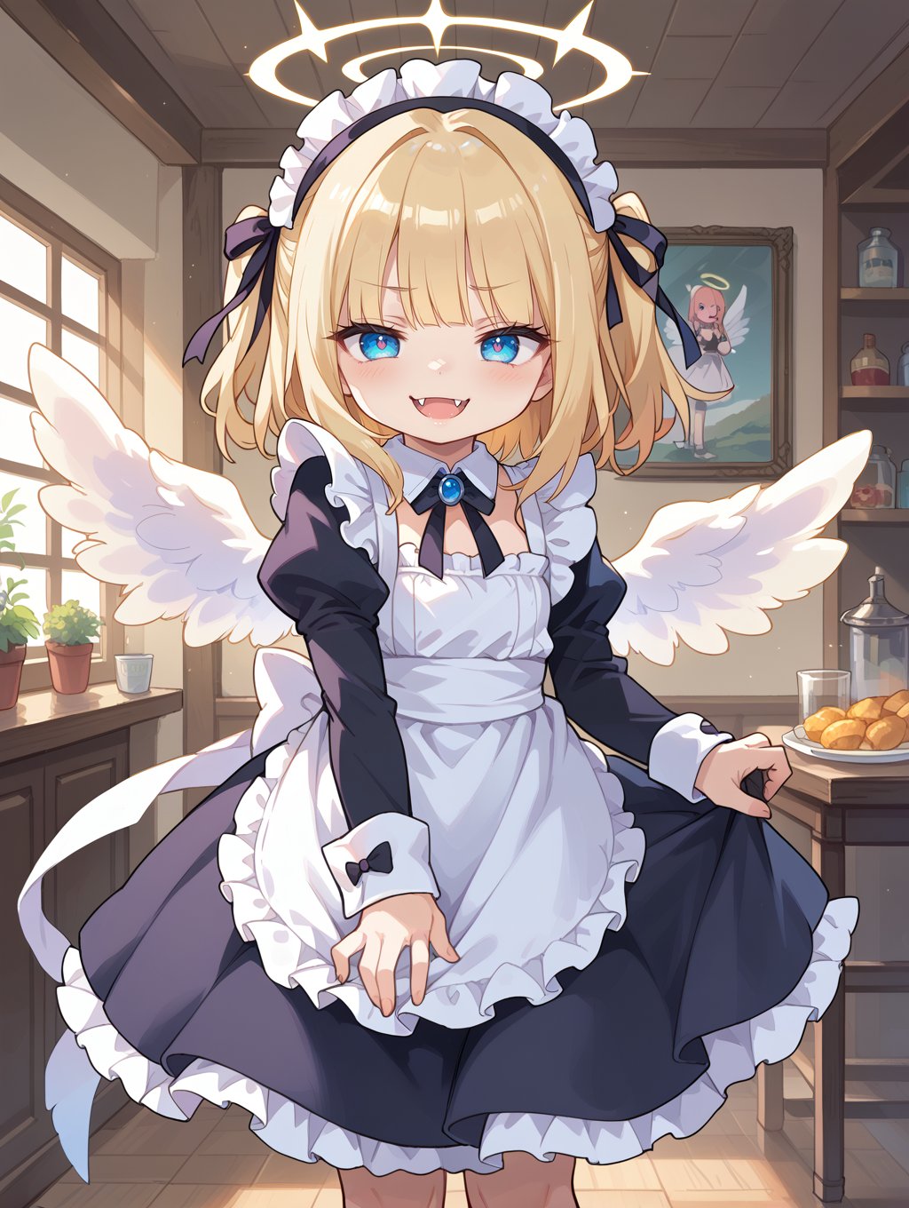 score_9, score_8_up, score_7_up,source_anime,BREAKindoors, 1girl, smug, fangs, angel, angel wings, gothic,maid,