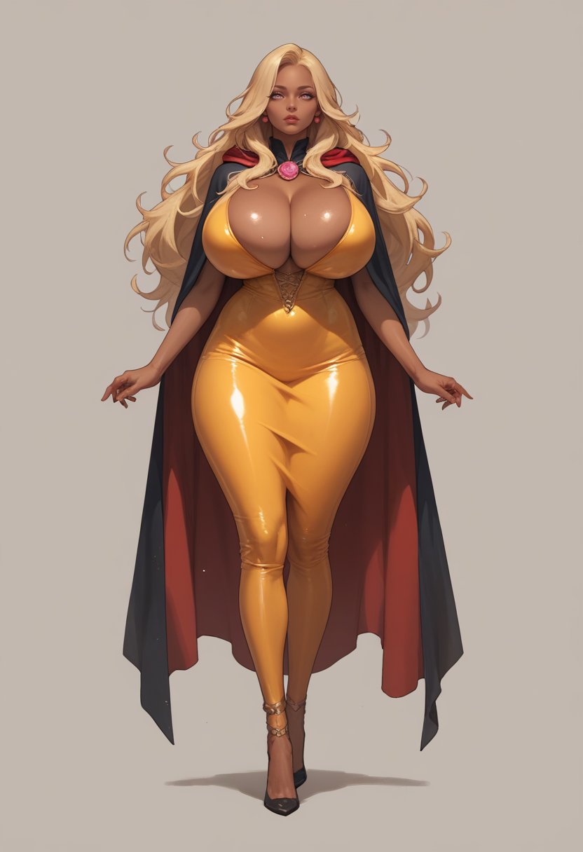 score_9, score_8_up, score_7_up, score_6_up, score_5_up, score_4_up, 1boy , huge breasts , dark skin, , lips, long hair hair, honey blonde hair, peach eyes, wearingcape , full body, simple background, 