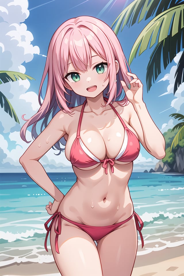 insanely detailed, absurdres, ultra-highres, ultra-detailed, best quality,1girl, solo, nice hands, perfect handsBREAK(pastel colored bikini:1.3)BREAKhappy smile, laugh, open mouth,standing, hand on own hip, tilt head, cowboy shotBREAKslender, kawaii, perfect symmetrical face, ultra cute girl, ultra cute face, ultra detailed eyes, ultra detailed hair, ultra cute, ultra beautifulBREAKat seashore, coast, beach, tropical, sky, blue oceanBREAK(medium large breasts, cleavage:1.3), wet shiny skin, sweat on bodyBREAK(pink medium long hair:1.2), emerald green eyes