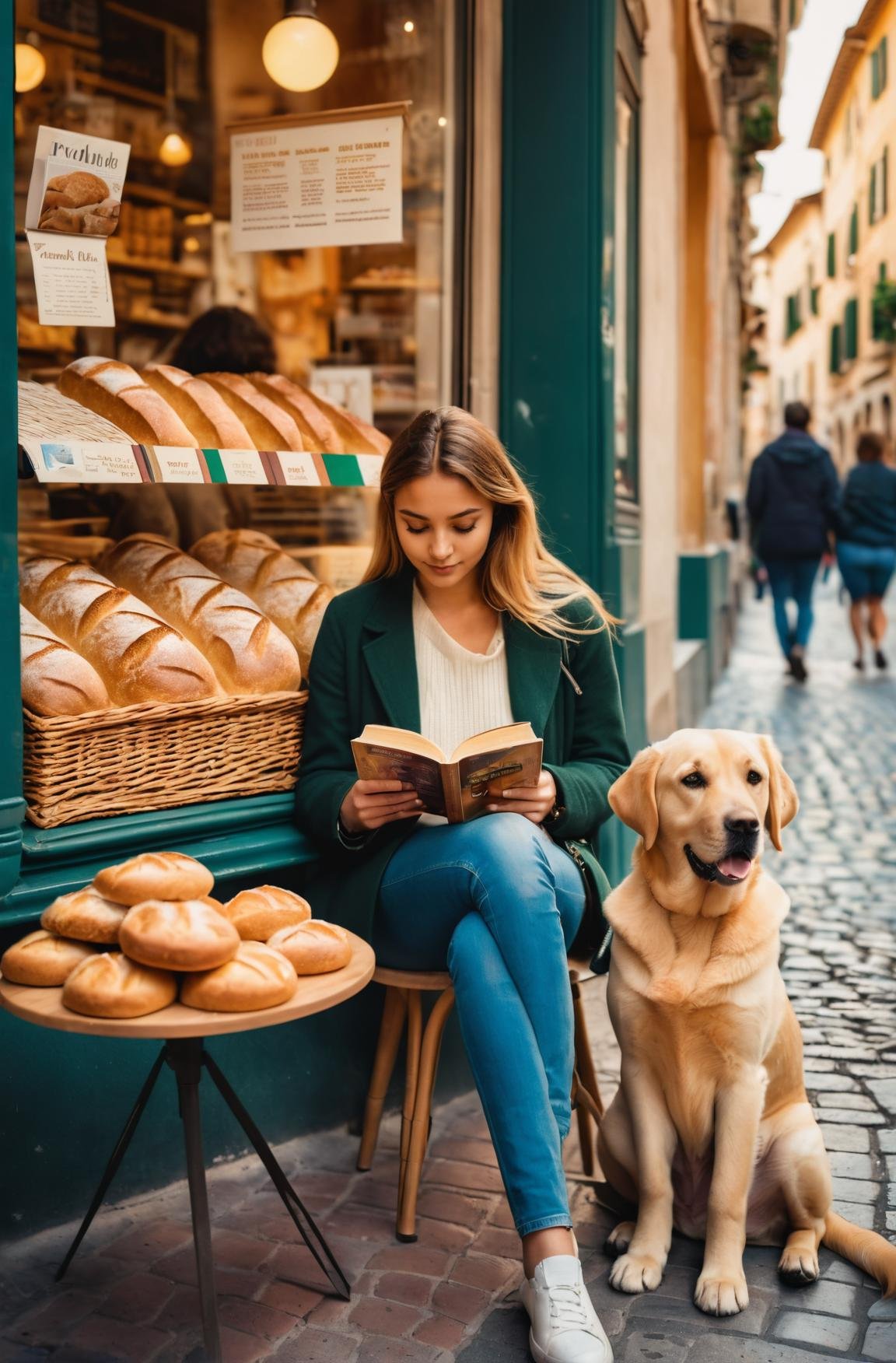 In the streets of Italy,a young woman is sitting outside a cafe She is reading a book,A golden Labrador retriever snatched a loaf of bread,polaroid,realistic,highres,The street is lined with various shops,filled with a variety of bread,pastries,and beverages,Dusk movie filter,Warm color tones,