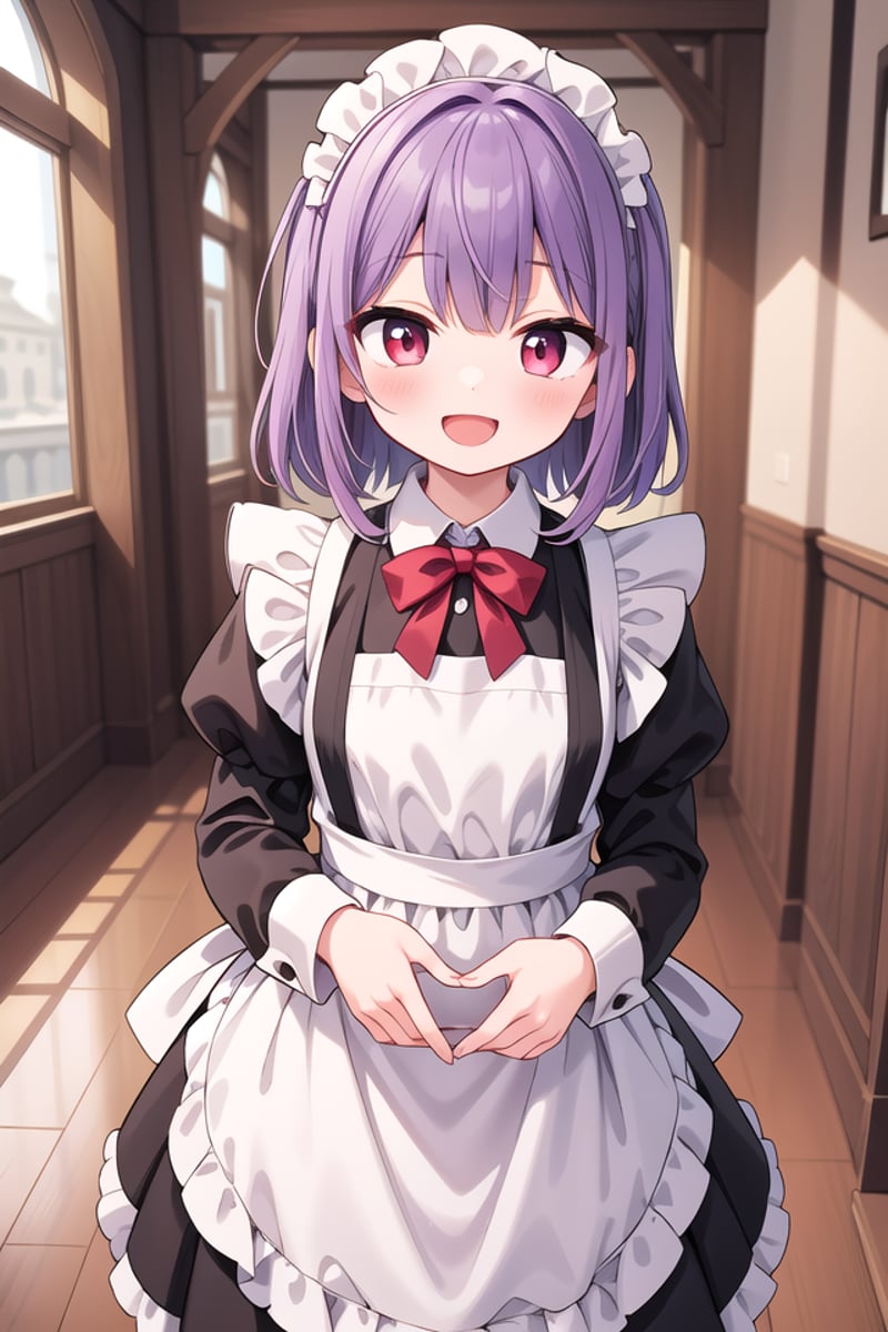 insanely detailed, absurdres, ultra-highres, ultra-detailed, best quality,1girl, solo, nice hands, perfect handsBREAK(cleavage:-1.5),(traditional maid:1.2),apron, blush, bow, bowtie, frilled apron, frills, long sleeves, maid, maid apron, maid headdress, waist apron, white apron,(maid costume, maid hair dress:1.3), long skirtBREAKhappy smile, laugh, open mouthBREAKfrom above,standing, cowboy shot, looking at viewerBREAKslender, kawaii, perfect symmetrical face, ultra cute girl, ultra cute face, ultra detailed eyes, ultra detailed hair, ultra cute, ultra beautifulBREAKfantasy world, in castle, indoors, antique interior, depth of field, ultra detailed backgroundBREAKmedium large breastsBREAK(purple hair, red eyes), medium hair, hime cut