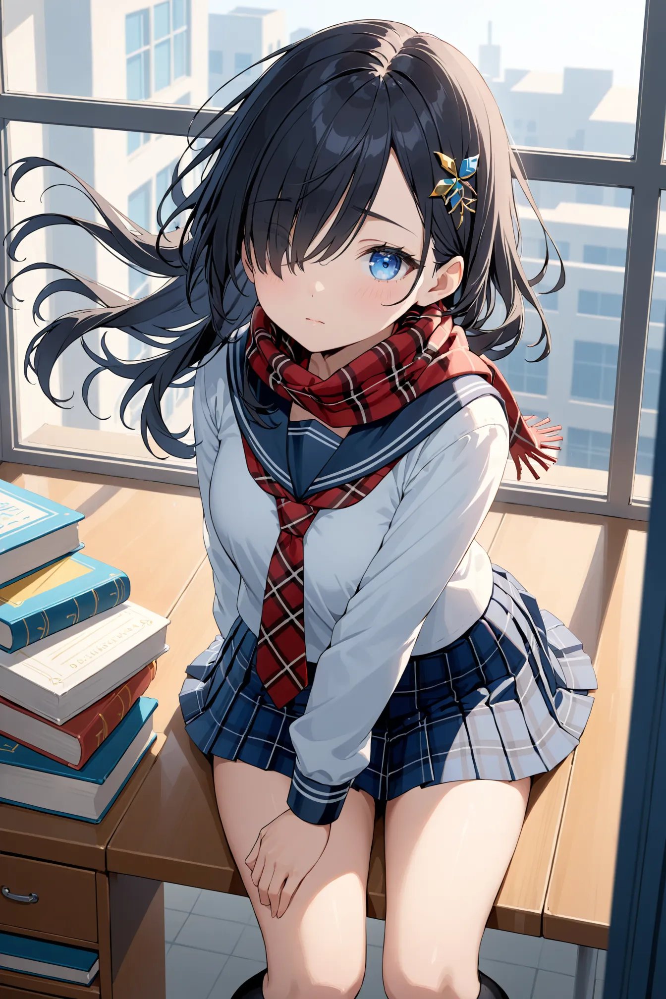 1girl, solo, masterpiece, best quality, black hair, black socks, blue eyes, book, collarbone, floating hair, hair over one eye, hair ornament, head tilt, leaning forward, looking at viewer, necktie, plaid, plaid scarf, plaid skirt, school uniform, serafuku, sidelocks, sitting, skirt, socks, window