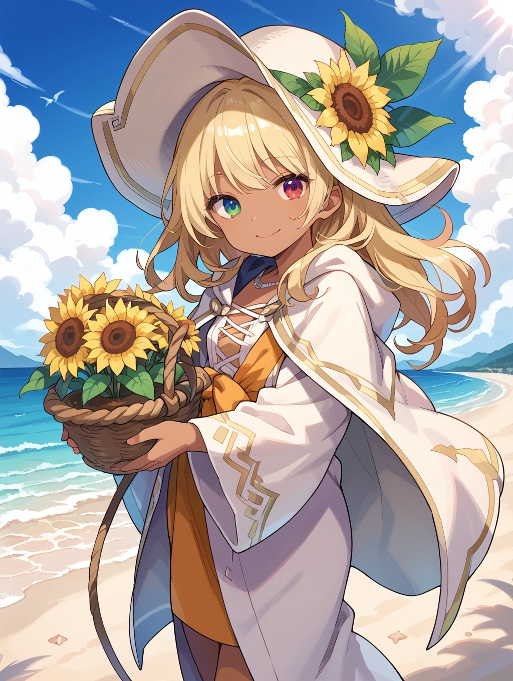 score_9, score_8_up, score_7_up,source_anime,BREAK, beach, sand, sun, clouds,solo, hat, robe, cloak, blonde hair, holding, sunflower staff, dark skin smile, looking at viewer, heterochromia, holding basket detailed background, beautiful scenery