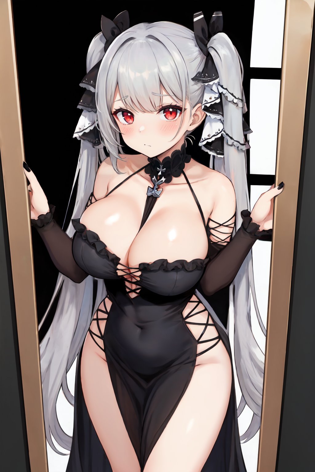 1girl, formidable \(azur lane\), , azur lane, between breasts, black dress, black nails, blush, breasts, cleavage, closed mouth, different reflection, dress, frilled dress, frills, grey hair, large breasts, long hair, looking at viewer, red eyes, reflection, ribbon, twintails, two-tone dress, two-tone ribbon, very long hair, 