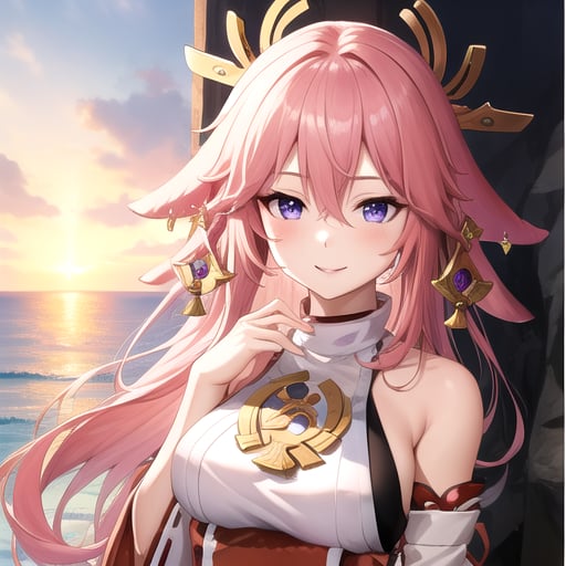 ((masterpiece)),(best quality),official art,extremely detailed CG,unity 8k wallpaper,ultra detailed,A lighthouse on a cliff by the sea,1girl,solo,upper body,(portrait:1.2),looking at viewer,pink_hair,low-tied_long_hair,purple_eyes,large_breasts,detached_sleeves,jewelry,sandals,wide_sleeves,earrings,animal_ears,bare_legs,bare_shoulders,hair_between_eyes,hair_ornament,fox_ears,japanese_clothes,very_long_hair,anklet,bangs,smile,white_shirt,nontraditional_miko,long_sleeves,<lora:Yaemiko(gen)>,