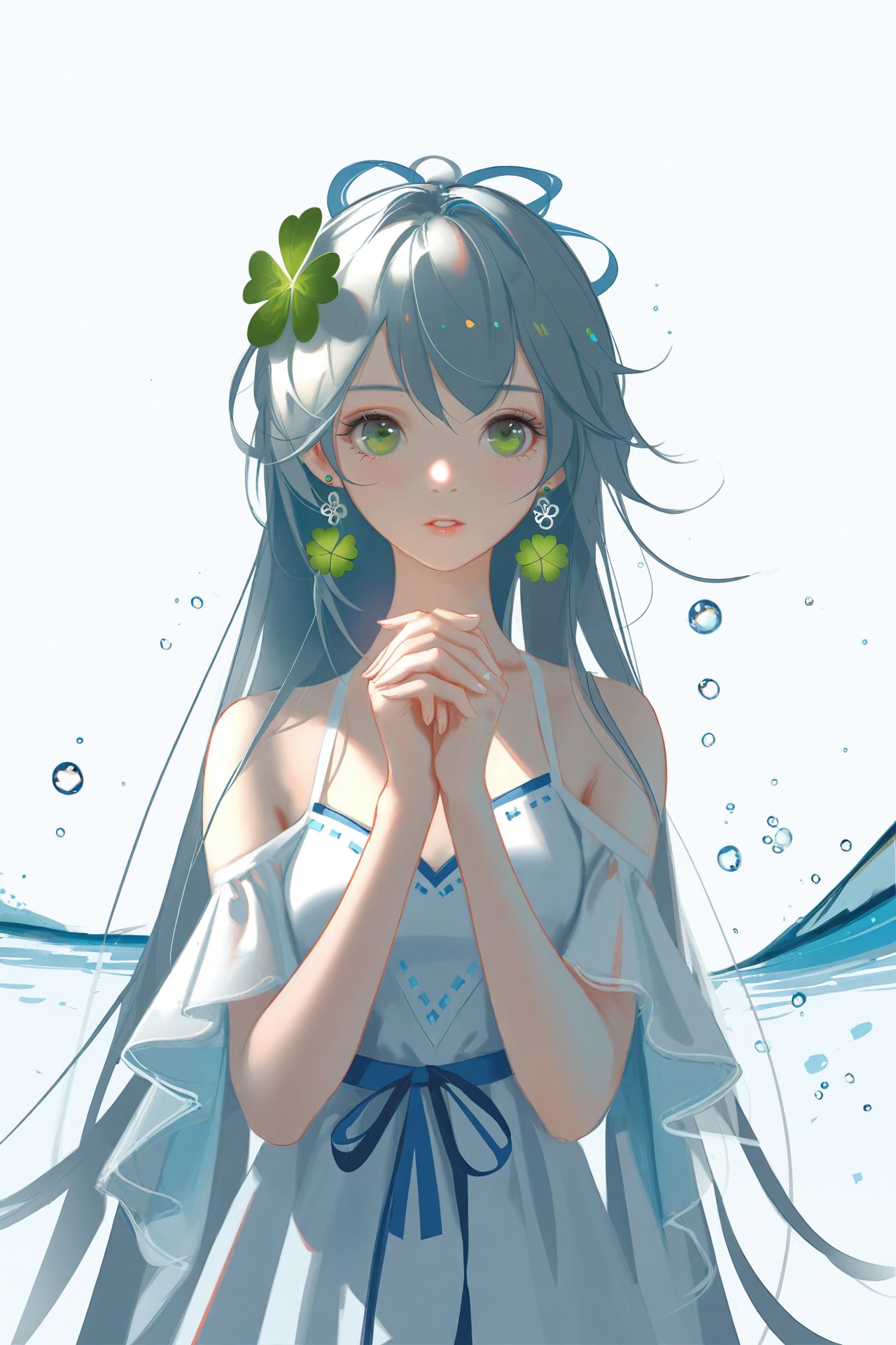 masterpiece,best quality,high quality,(colorful),[Artist sk (askzy)],[Artist wlop],Artist SHC,1girl,Luo Tianyi (Vocaloid),clover,solo,long hair,green eyes,four-leaf clover,dress,flower,own hands together,looking at viewer,water,hair ornament,parted lips,very long hair,bangs,earrings,white background,jewelry,bare shoulders,upper body,white dress,hair flower,ribbon,simple background,hands up,blush,