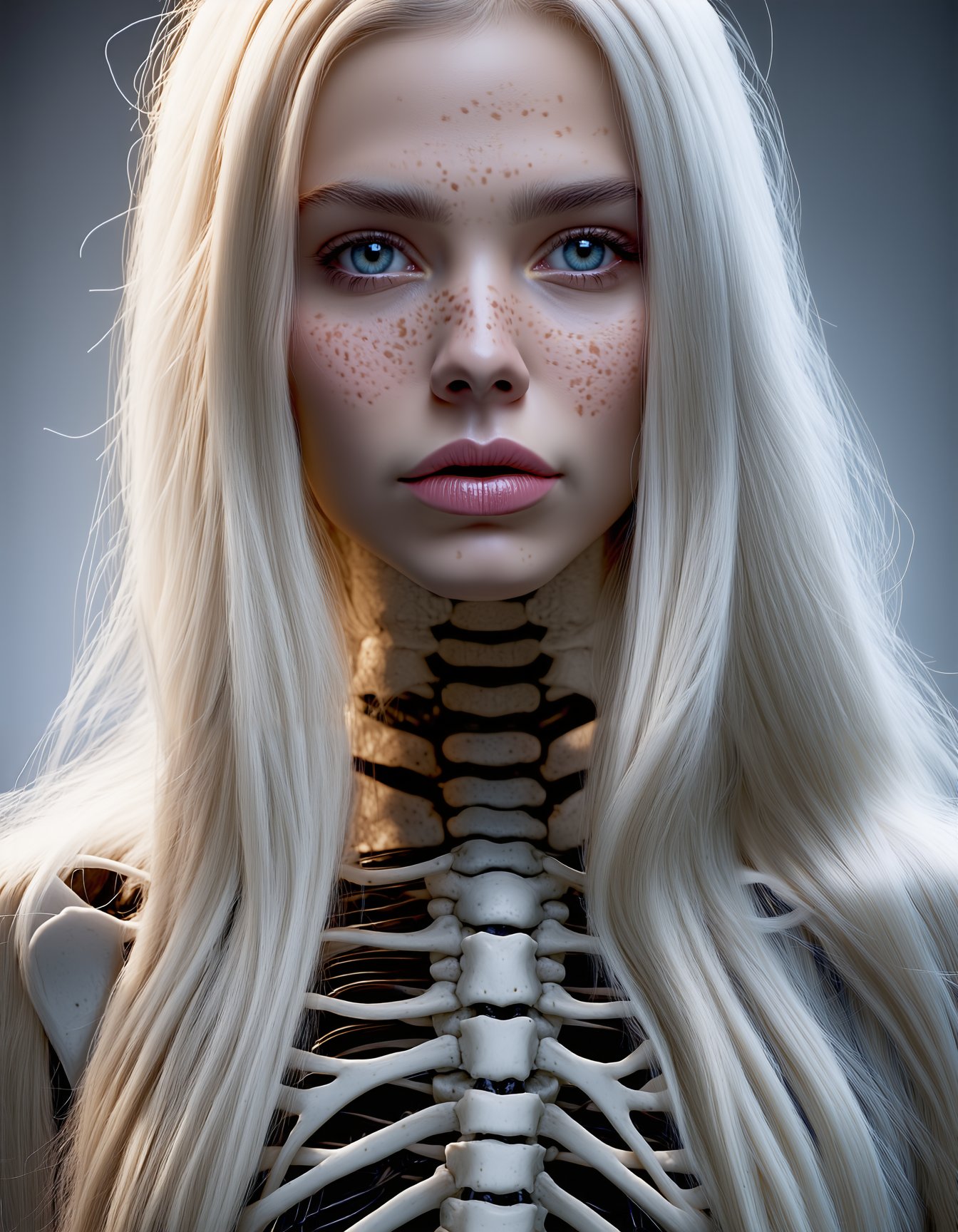 best quality,4k,8k,highres,masterpiece,ultra-detailed, woman, long hair, looking at viewer, blue eyes, blonde hair, upper body, white hair, lips, freckles, realistic, ribs, skeleton, bone, spine, SD3_cartoon_ep10.safetensors