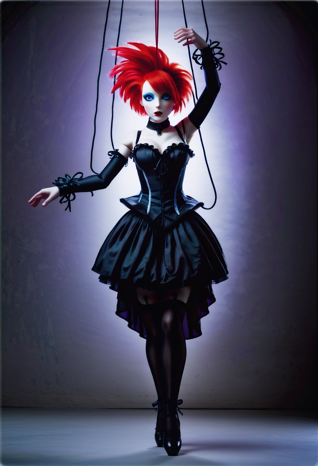 marionetka, a puppet with red hair and a black corset, is suspended by 