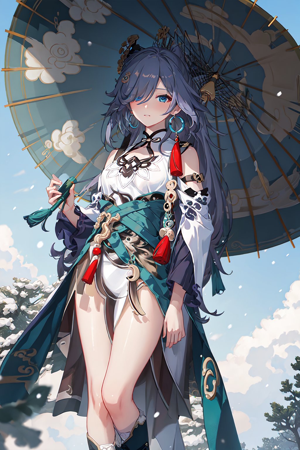 (masterpiece, top quality, best quality, official art, beautiful and aesthetic:1.2),extreme detailed,(fractal art:1.3), Fu Hua(az),<lora:Fu Hua_Azure Empyrea_v2.6:0.9>,Chinese clothes,long sleeves,neck collar,belt,hair over one eyes,hair ornament,hairpin, single earring,holding umbrella, oil-paper umbrella, field,storm,dirt,grass,snow,winter,boots,snowing,