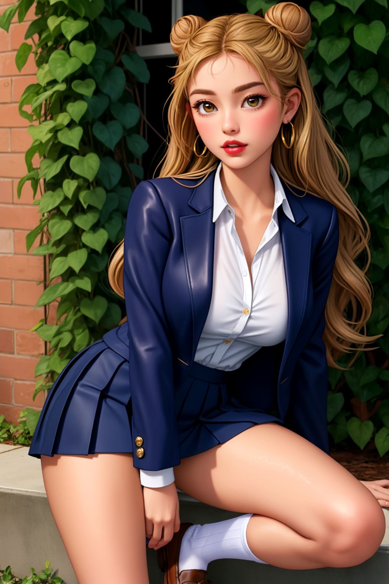 1girl, masterpiece, high quality, 8k, high resolution, perfect art, Navy blue blazer, white button-up shirt, red pleated skirt, knee-high socks, and leather loafers, Temptress, Tall, Fit, Round Face, Olive Skin, Honey Blonde Hair, hazel Eyes, Narrow Nose, Thick Lips, Round Chin, Long Hair, Thick Hair, Bun, saggy breasts, Faux gauge earrings, fuchsia metallic lipstick, Ivy League university campus