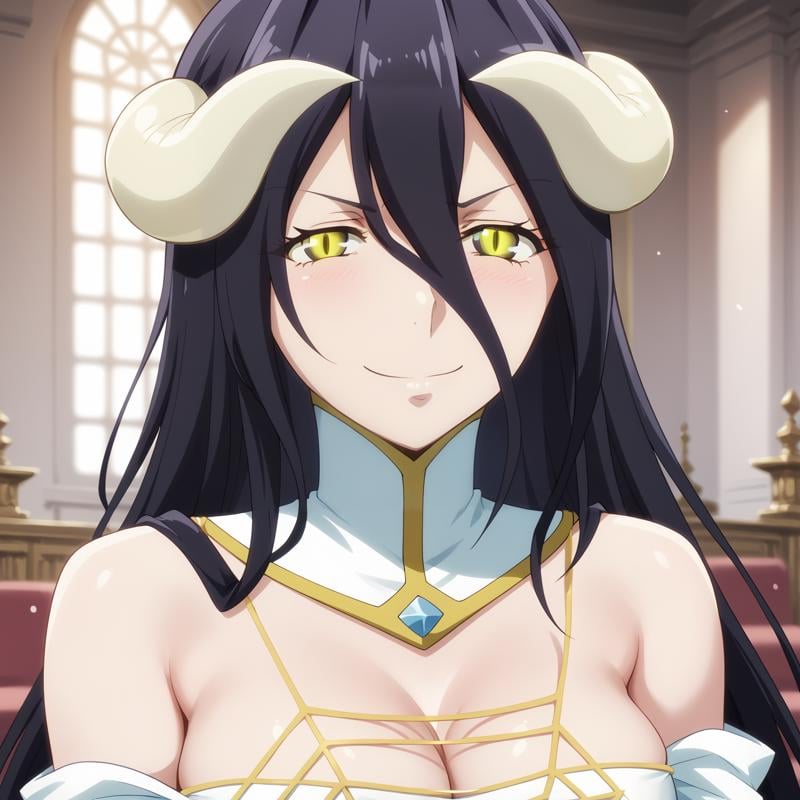 score_9, score_8_up, score_7_up, score_6_up, score_5_up, score_4_up, albedo_White_dress_Off-shoulder_dress_Detached_collar, albedoo, solo, large_breasts, looking_at_another, cleavage, demon_horns, frown, closed_mouth, :3, seductive_smile, jewelry, spider_web, gold_silk, upper_body, indoors, <lora:ALBEDO_V1sdxl:1>